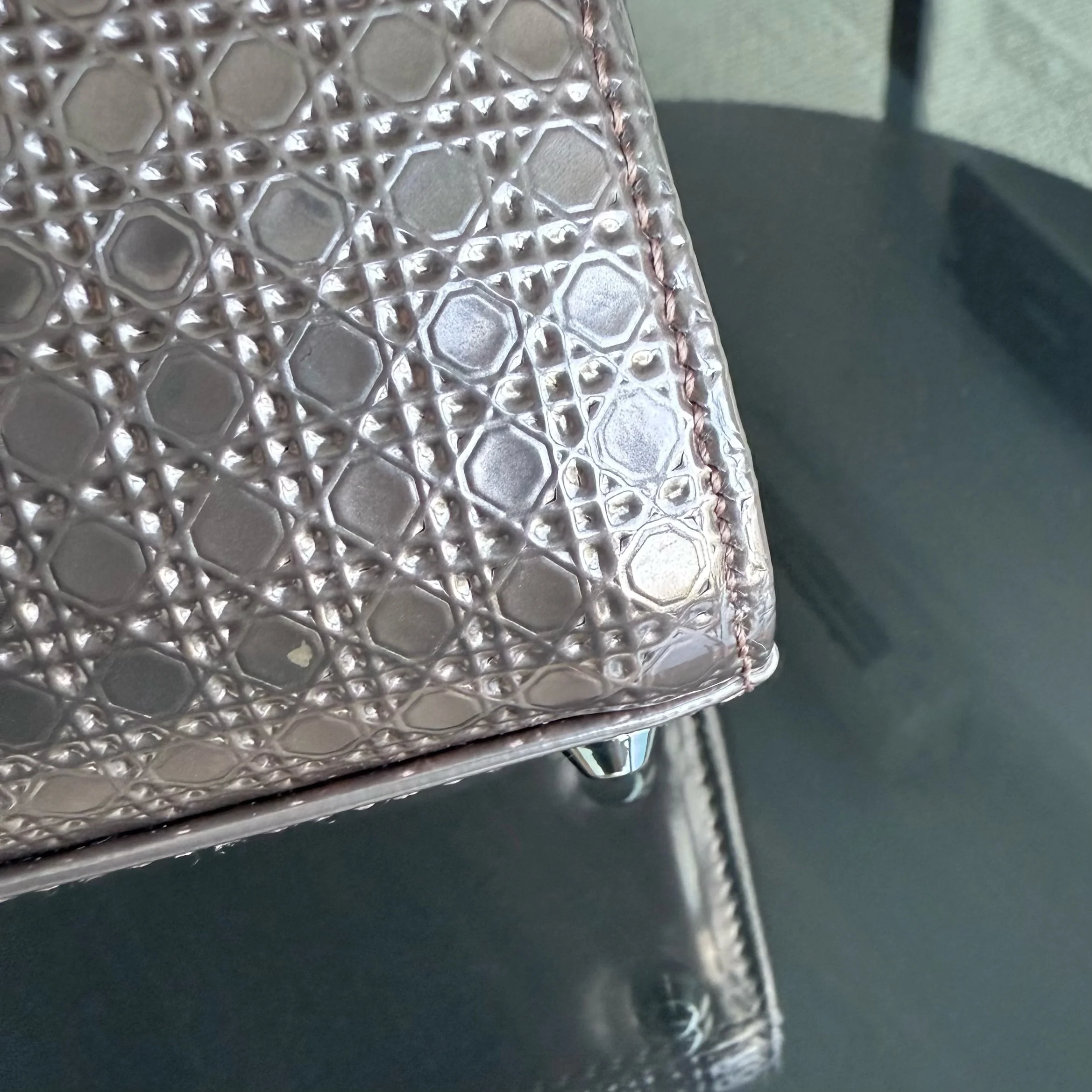 Dior Lady Mini - Calfskin Micro-Cannage Metallic Rose Gold Silver Hardware Chain Strap