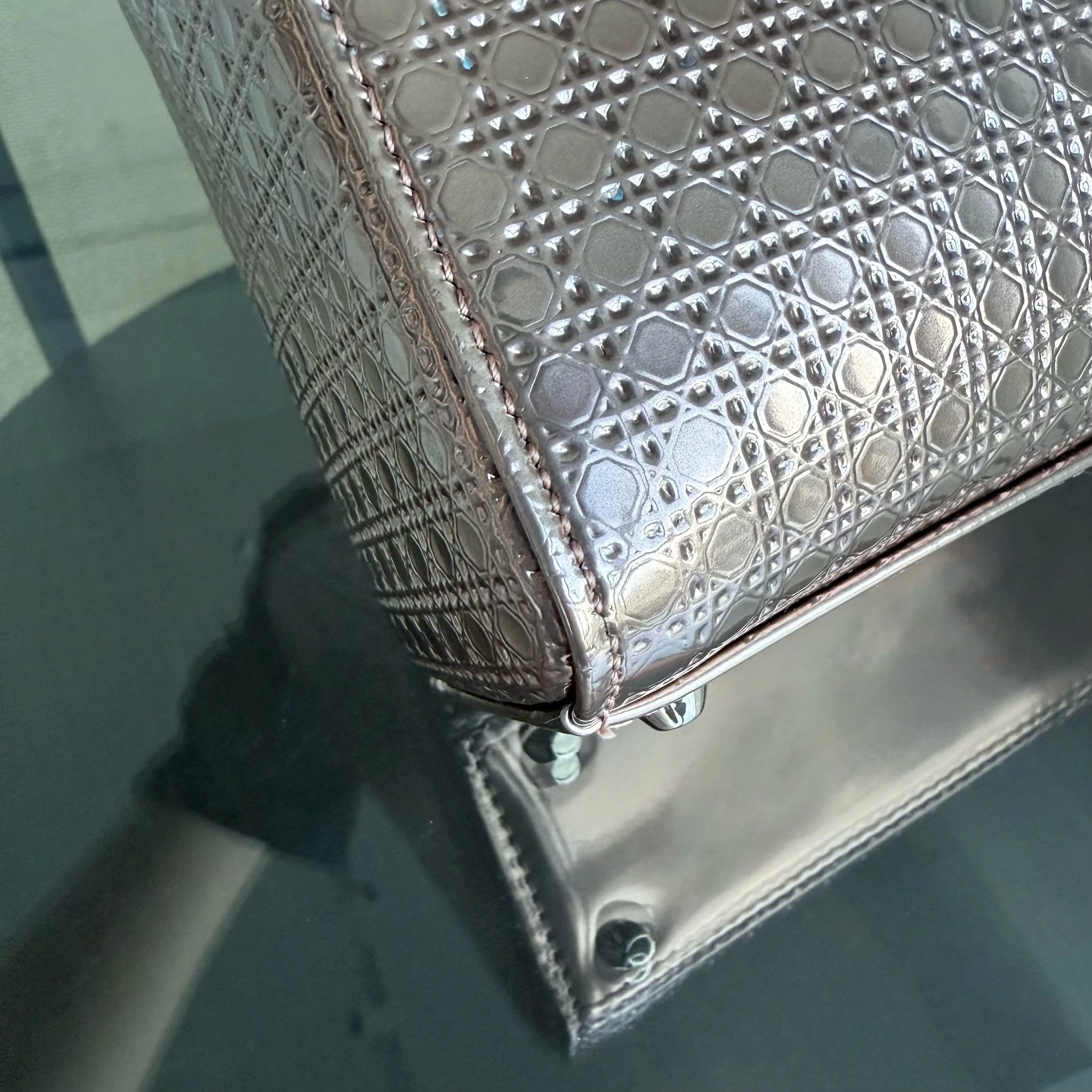 Dior Lady Mini - Calfskin Micro-Cannage Metallic Rose Gold Silver Hardware Chain Strap