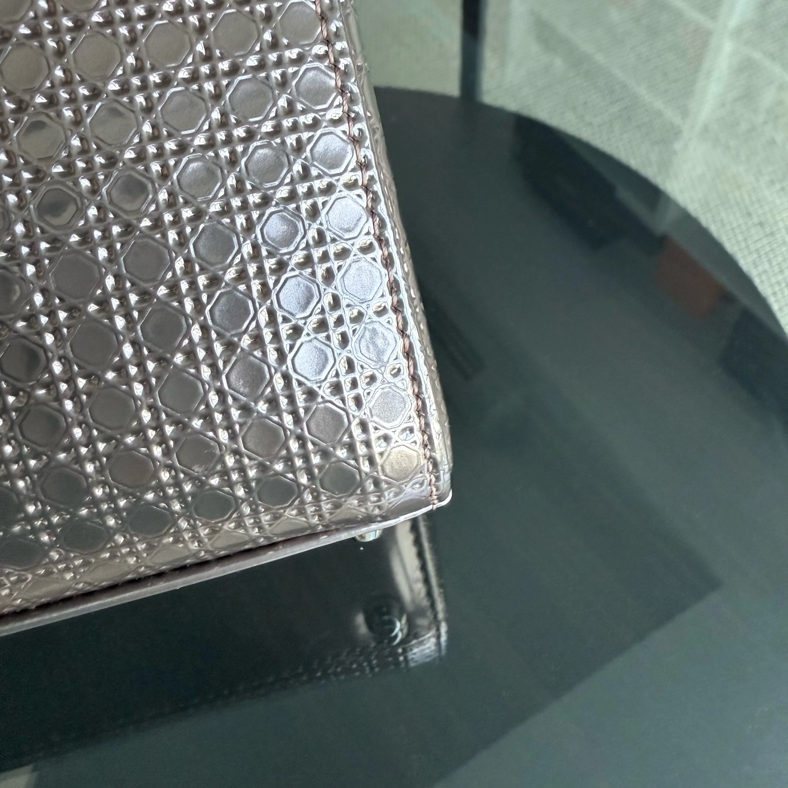 Dior Lady Mini - Calfskin Micro-Cannage Metallic Rose Gold Silver Hardware Chain Strap