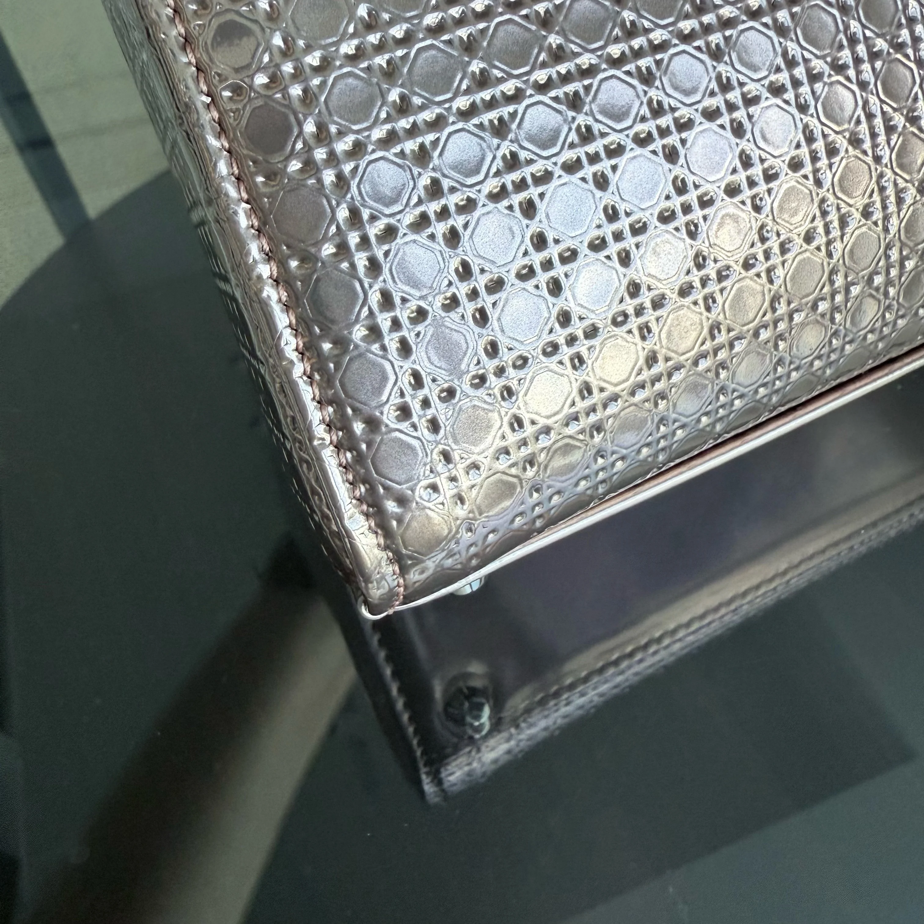 Dior Lady Mini - Calfskin Micro-Cannage Metallic Rose Gold Silver Hardware Chain Strap