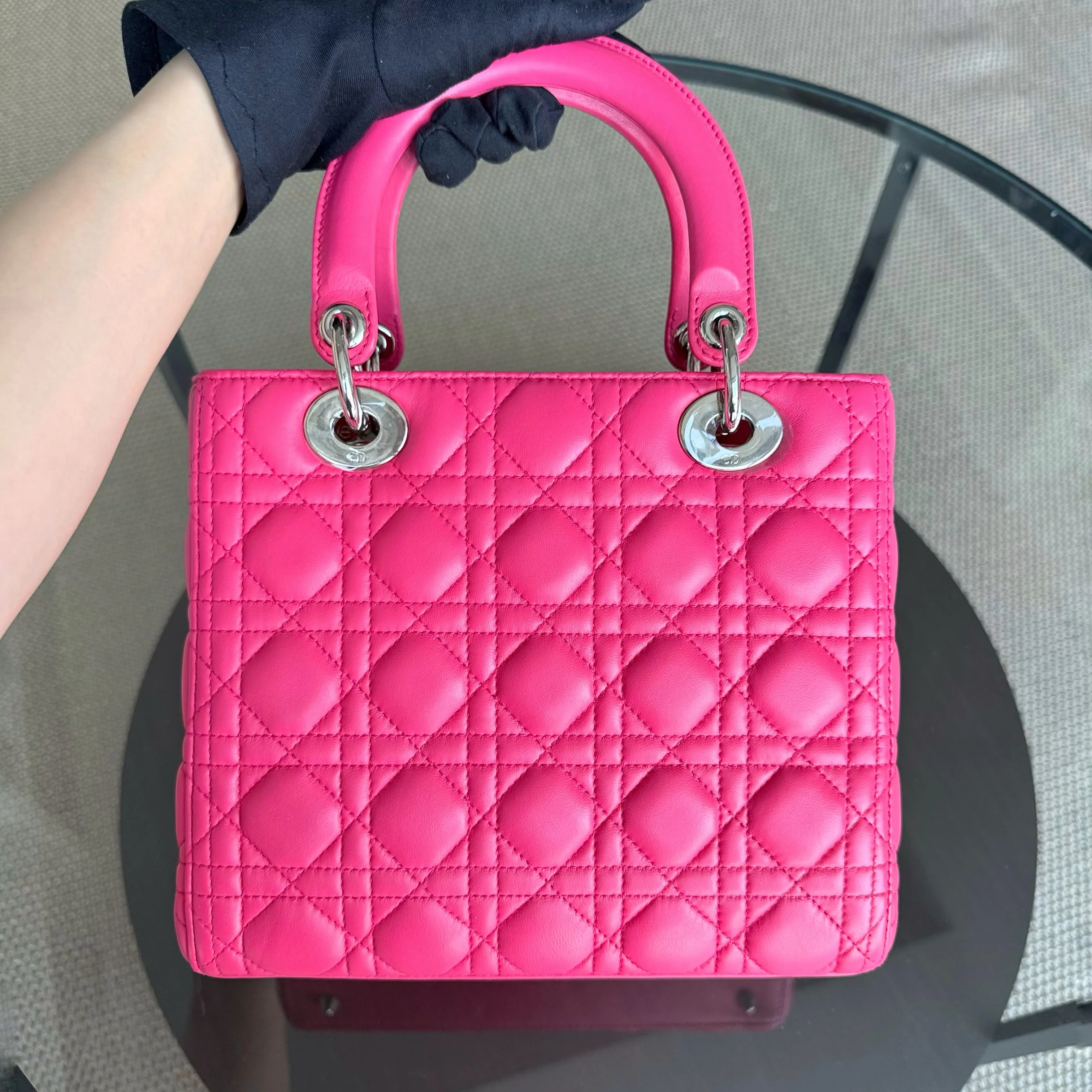 Dior Lady Medium - Cannage Lambskin Hot Pink Silver Hardware