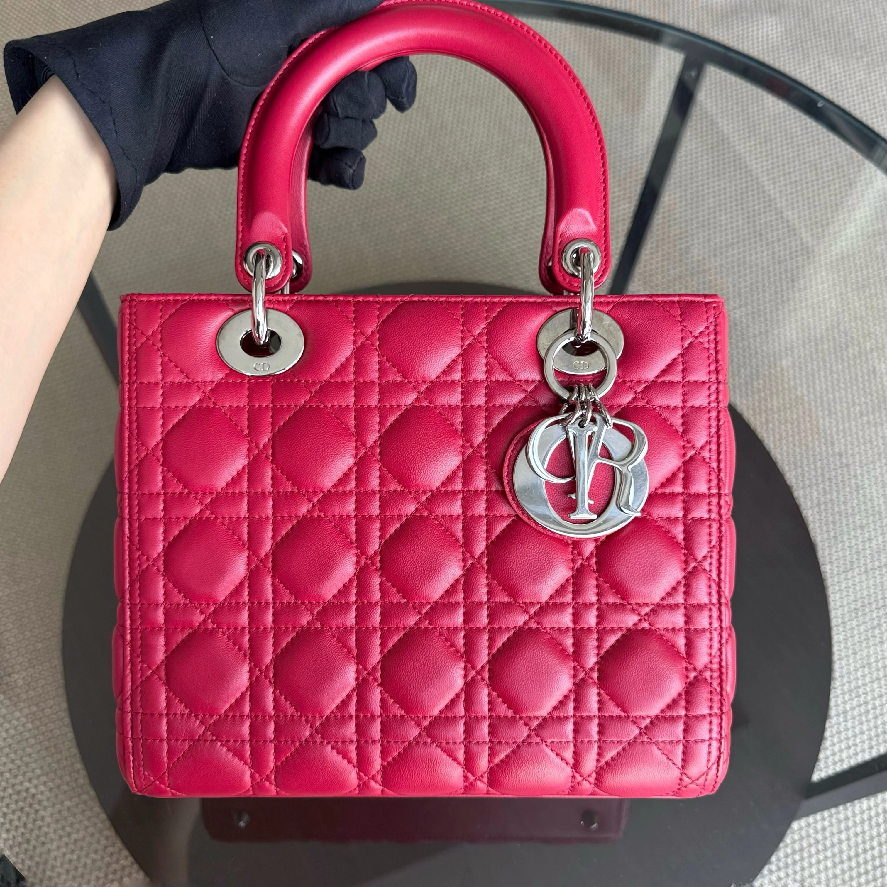 Dior Lady Medium - Cannage Lambskin Red Silver Hardware