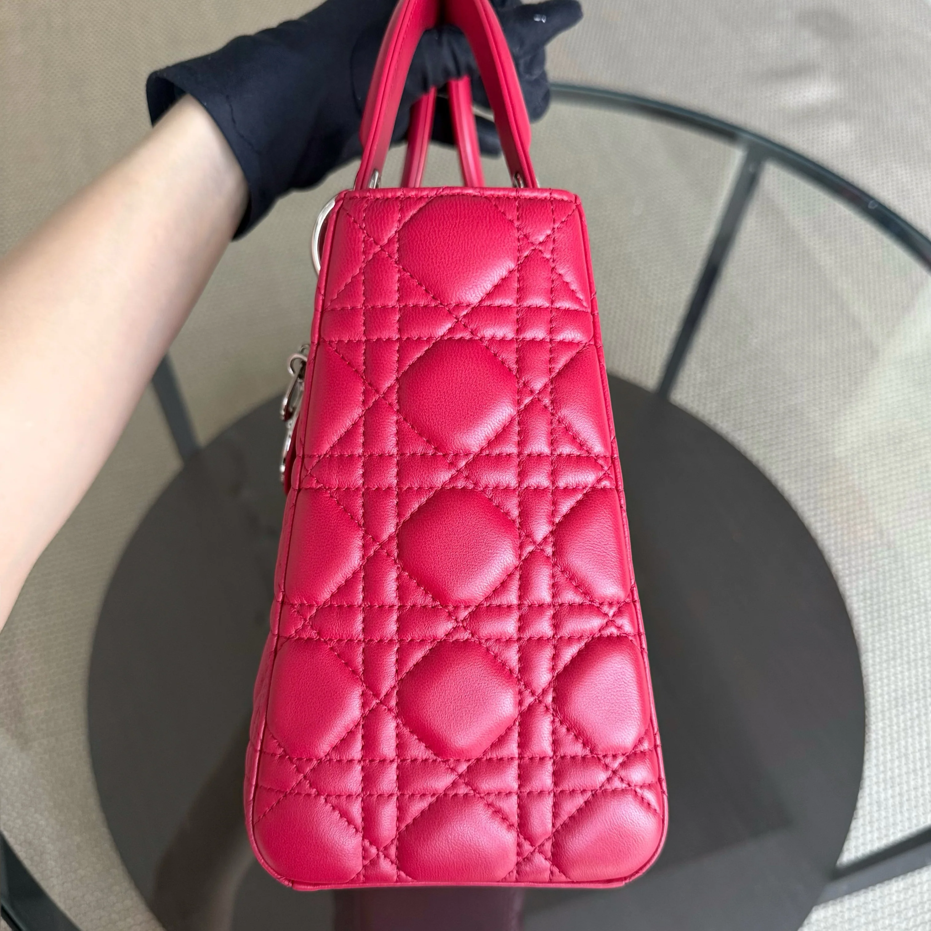 Dior Lady Medium - Cannage Lambskin Red Silver Hardware