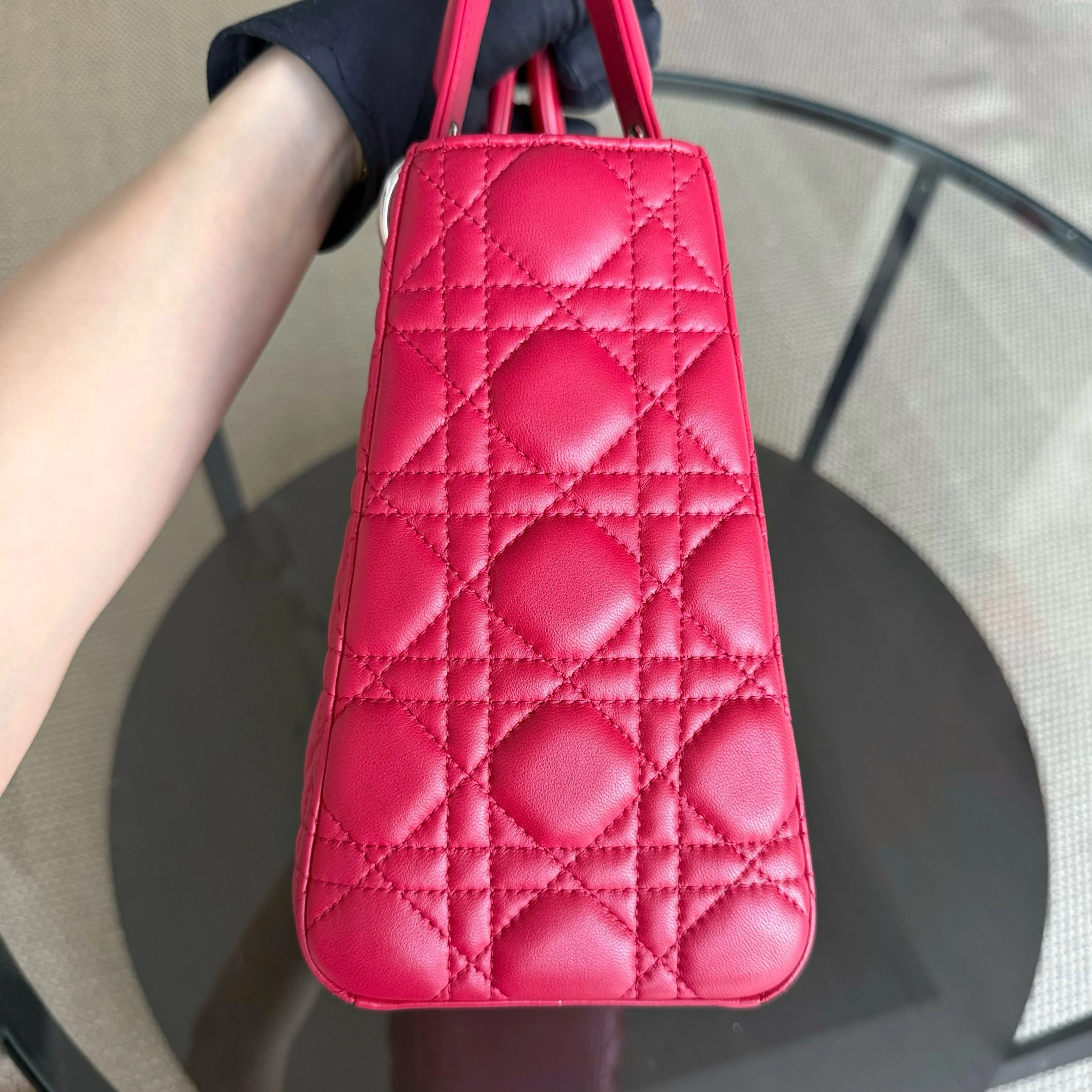 Dior Lady Medium - Cannage Lambskin Red Silver Hardware