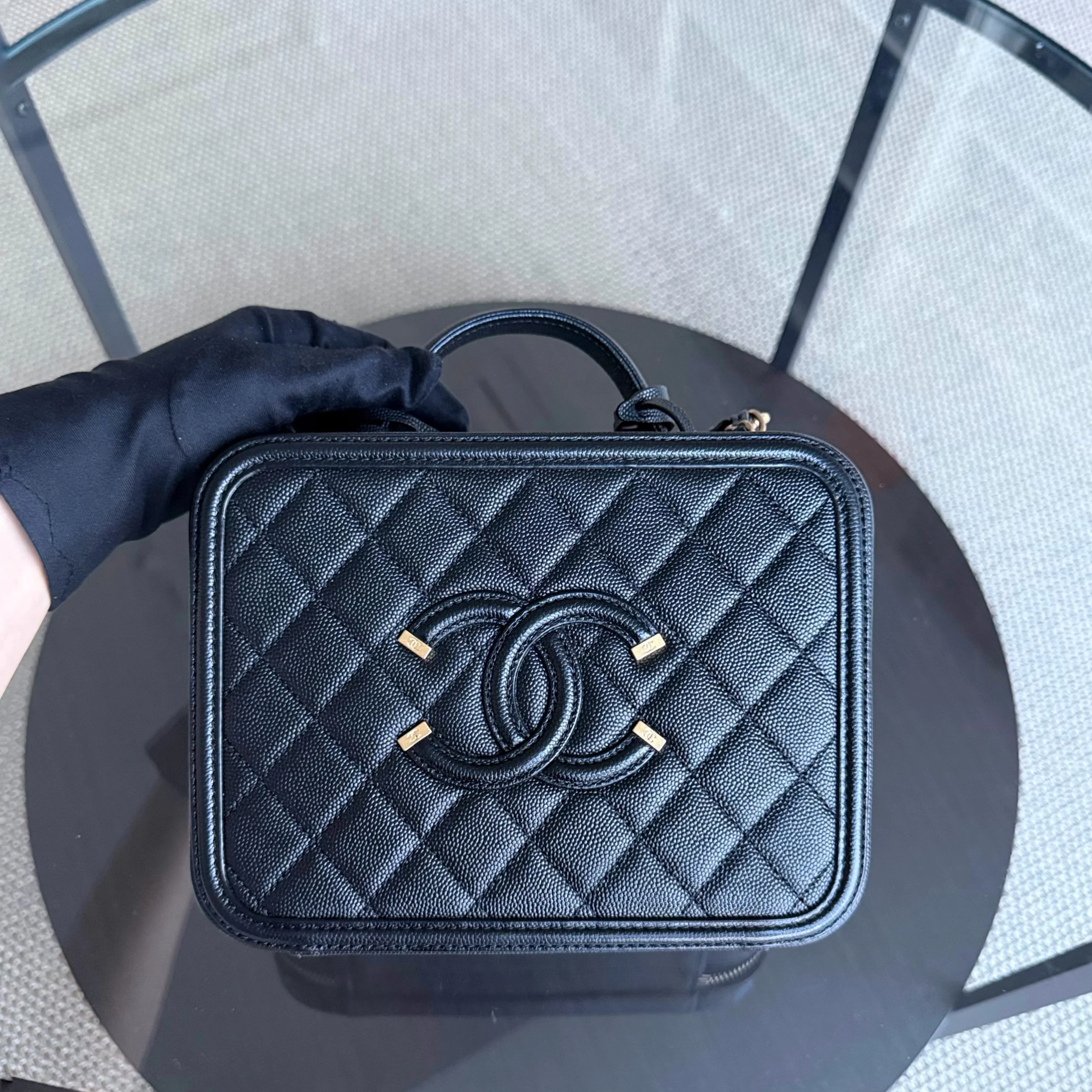 Chanel Filigree Vanity Case Medium - Caviar Quilted Grained Calfskin Black Gold Hardware Series 27