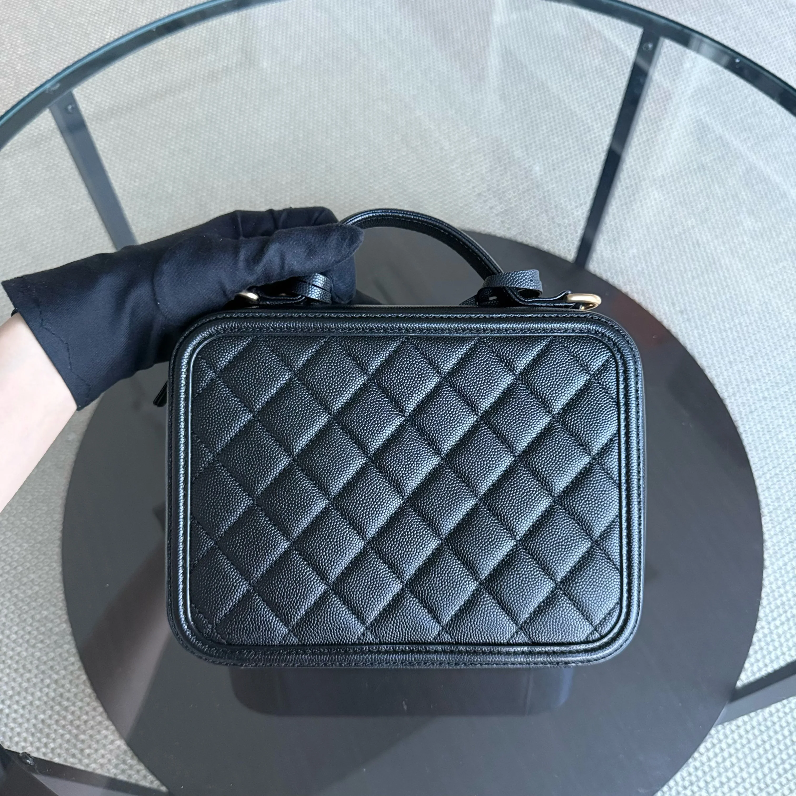 Chanel Filigree Vanity Case Medium - Caviar Quilted Grained Calfskin Black Gold Hardware Series 27