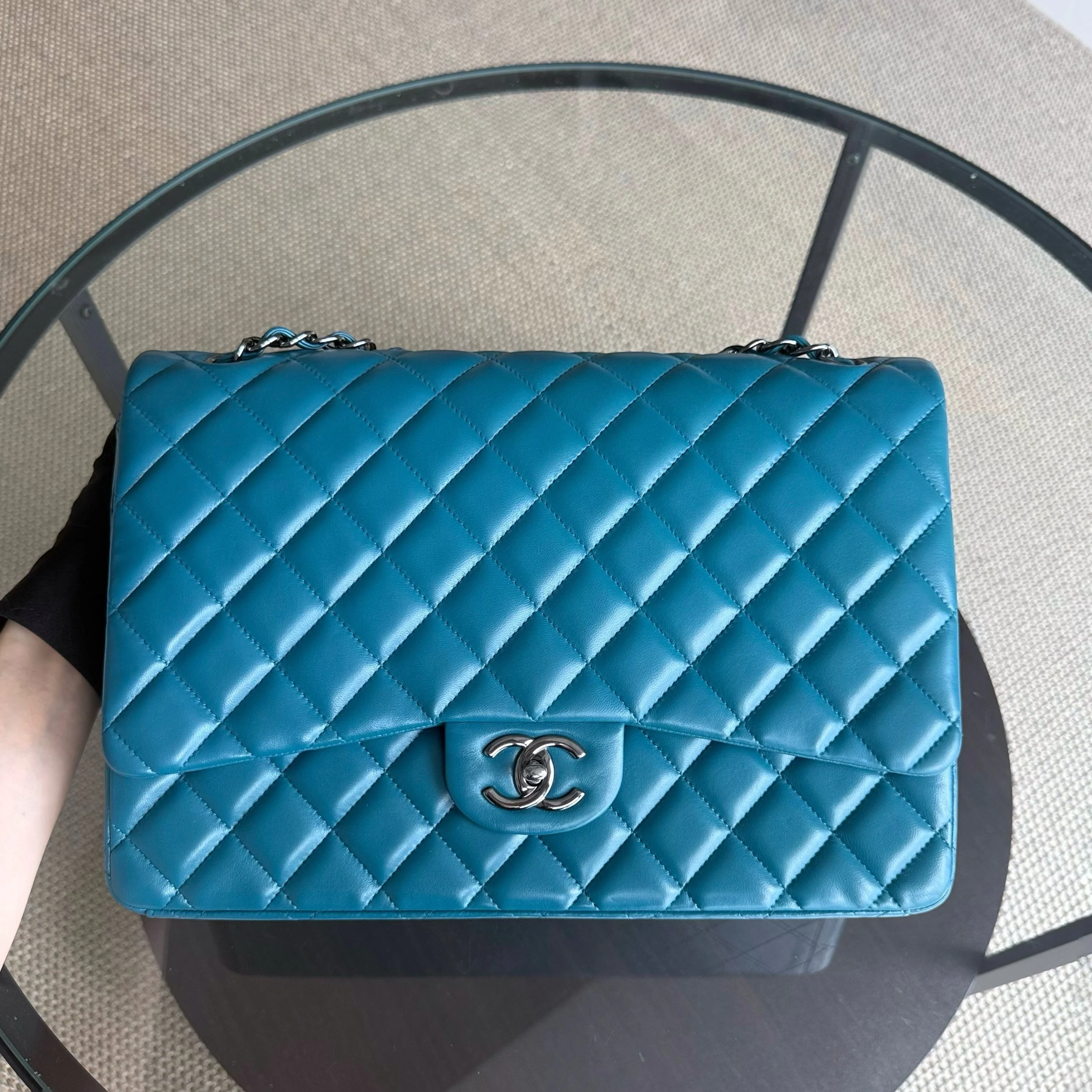 Chanel Classic Flap Maxi - Double Flap 33CM Quilted Lambskin Blue Silver Hardware Series 15