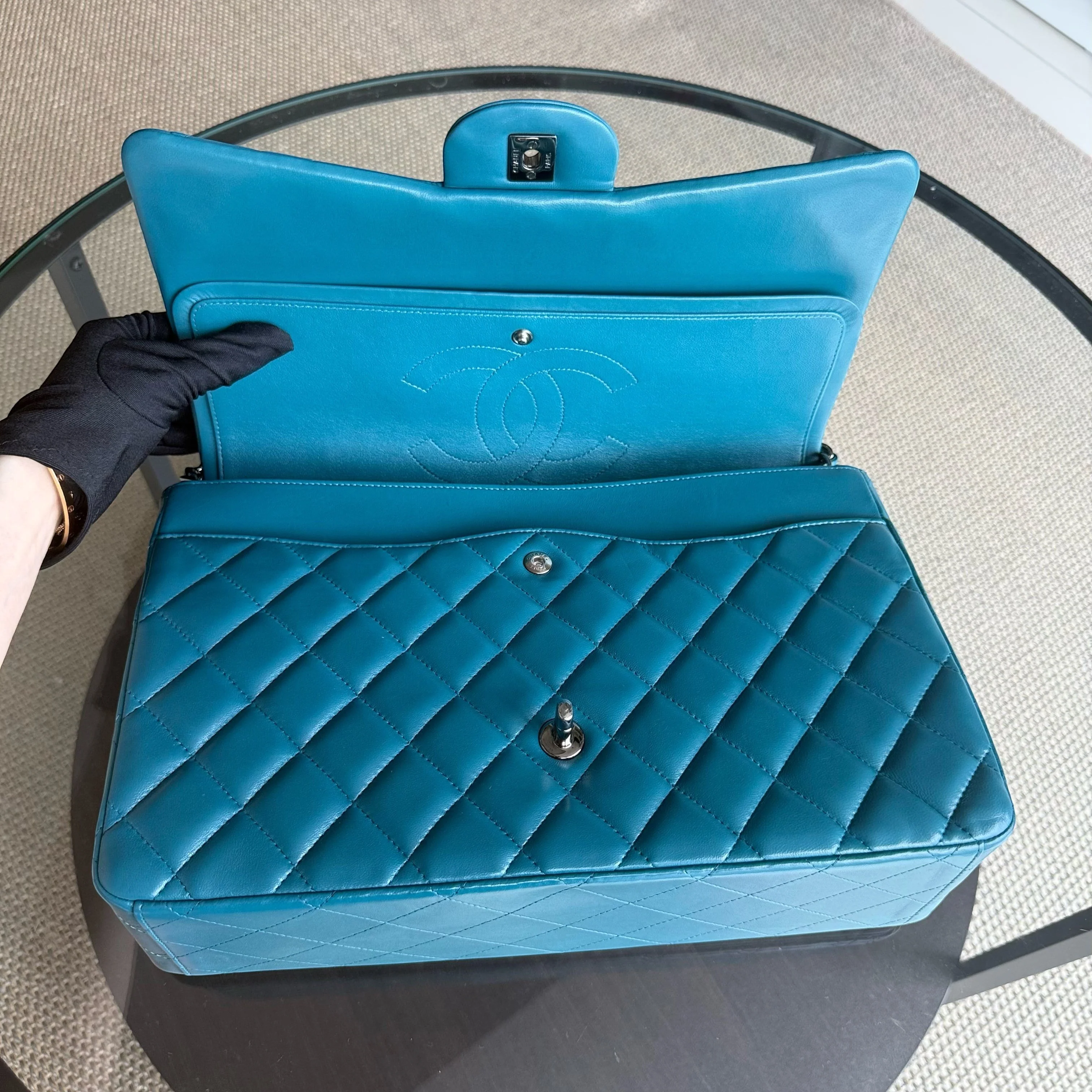 Chanel Classic Flap Maxi - Double Flap 33CM Quilted Lambskin Blue Silver Hardware Series 15