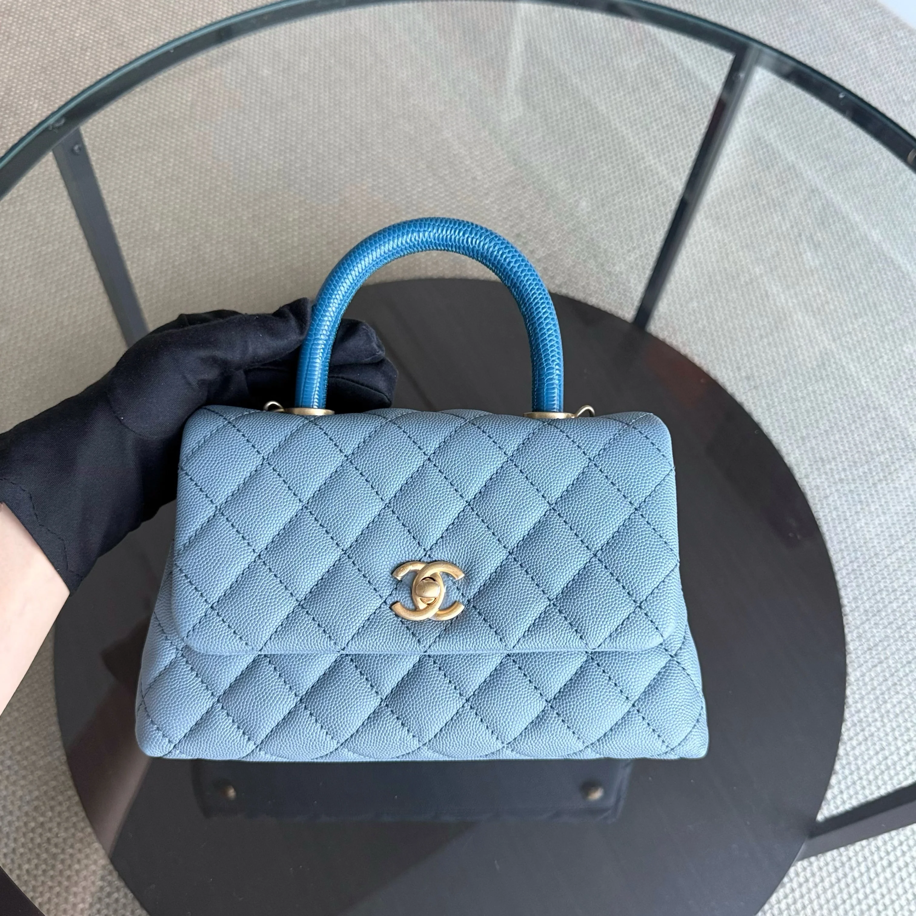 Chanel Coco Handle Small - Caviar 25CM Quilted Grained Calfskin Light Sky Blue Gold Hardware Series 27