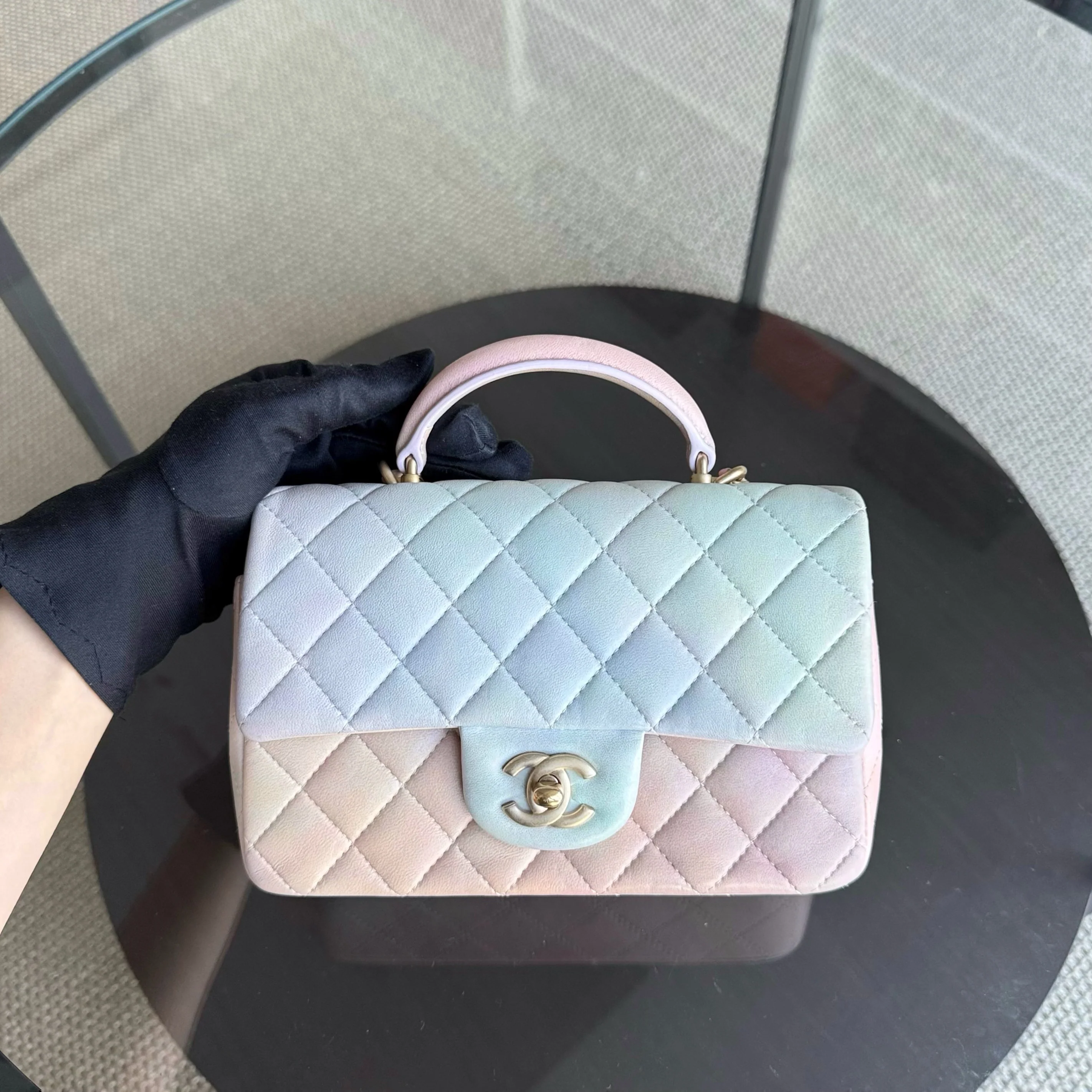 Chanel Classic Flap Mini Top Handle -Quilted Lambskin Ombre Rainbow Gold Hardware Microchip