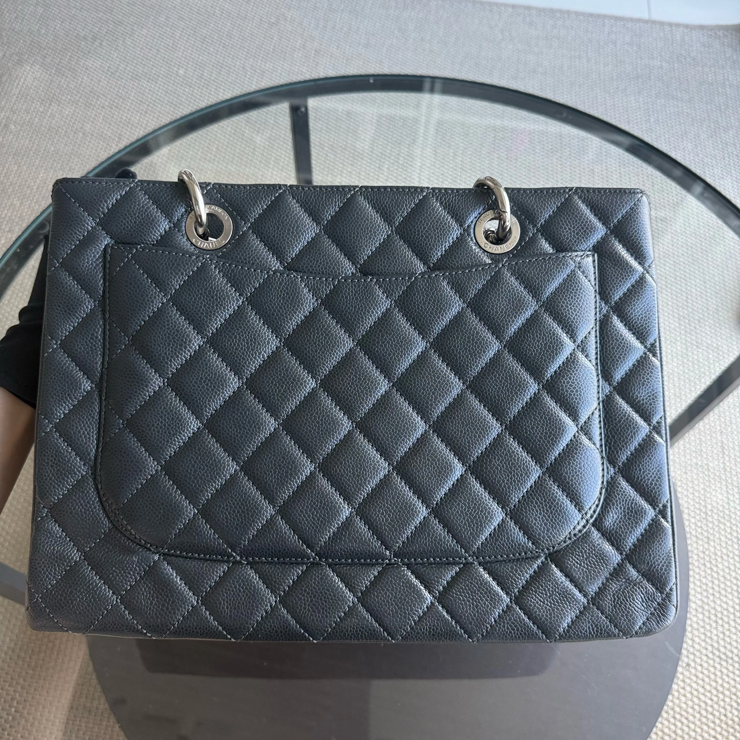Chanel GST Grand Shopping Tote - Caviar Quilted Grained Calfskin Grey Gray Silver Hardware Series 18