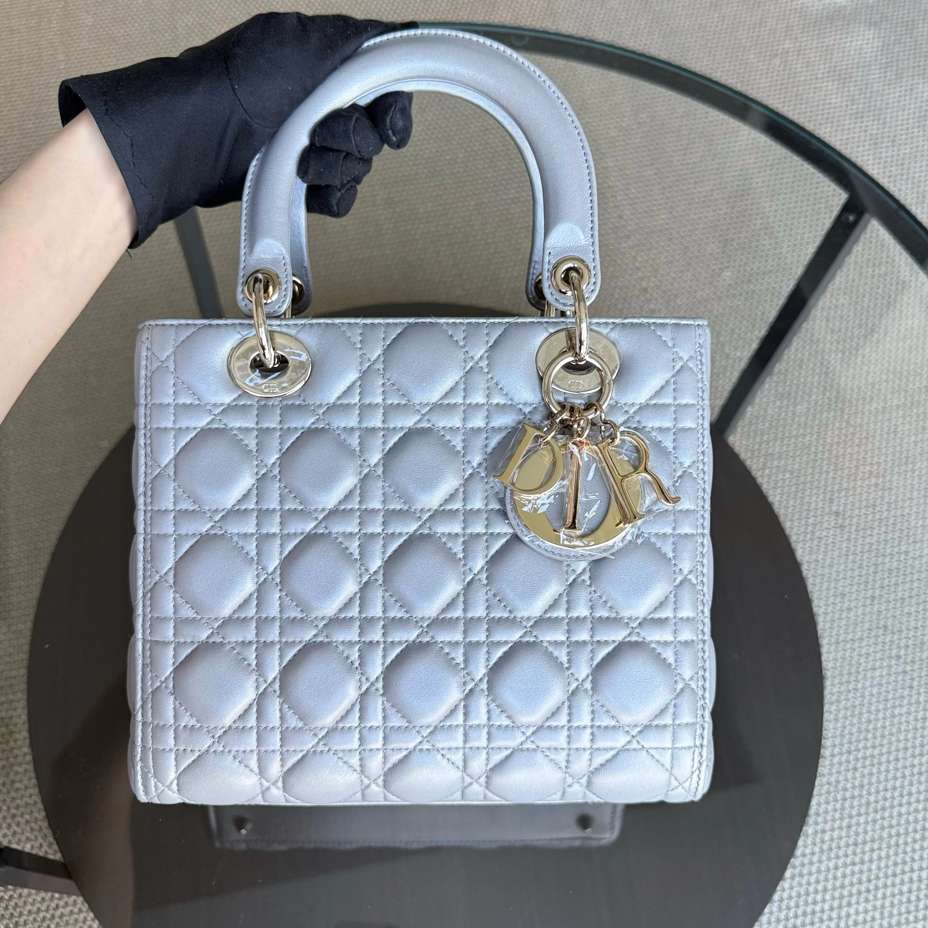Dior Lady Medium - Cannage Lambskin Grey Gray Gold Hardware NO STRAP