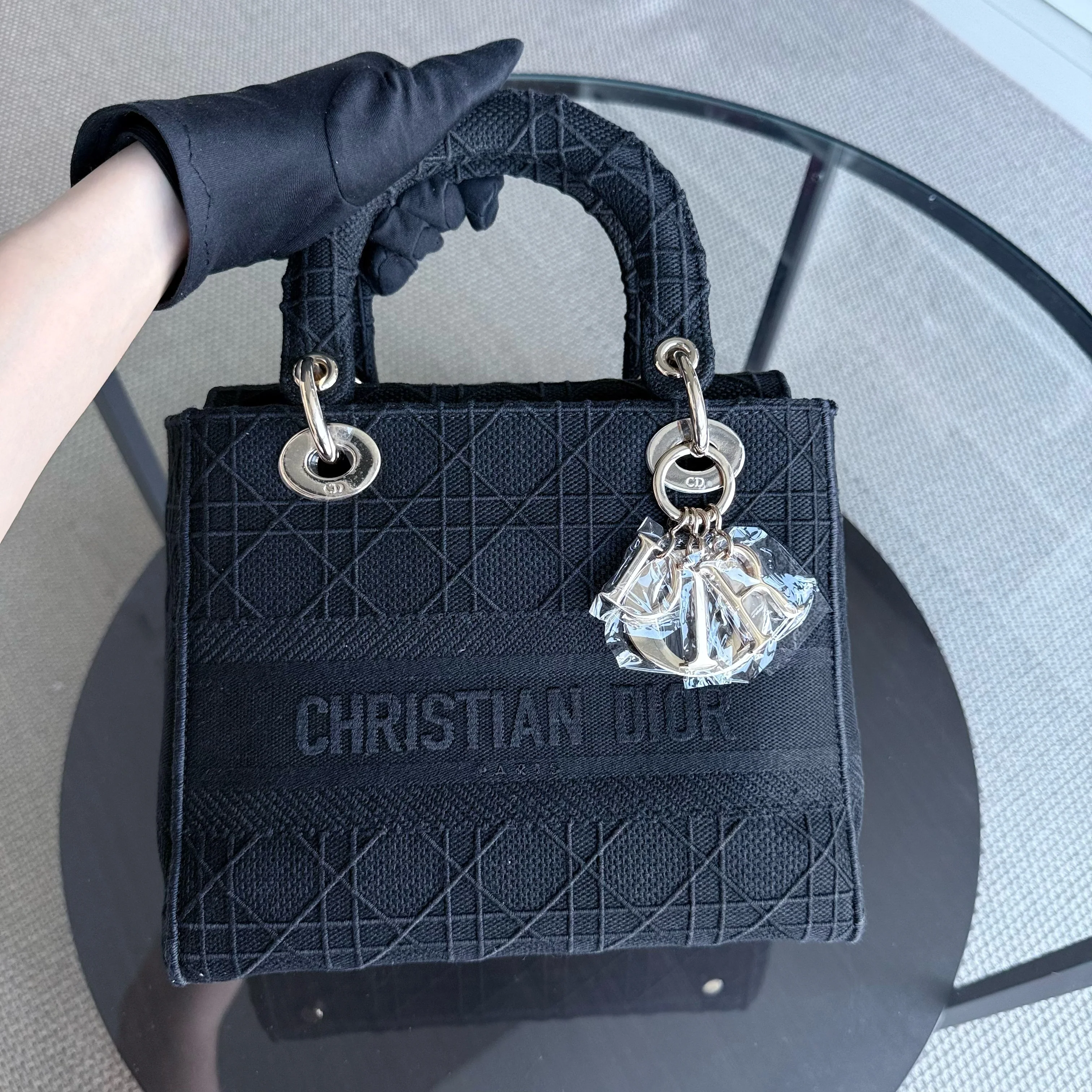 Dior Lady D-Lite Medium - Cannage Embroidered Canvas Black Gold Hardware