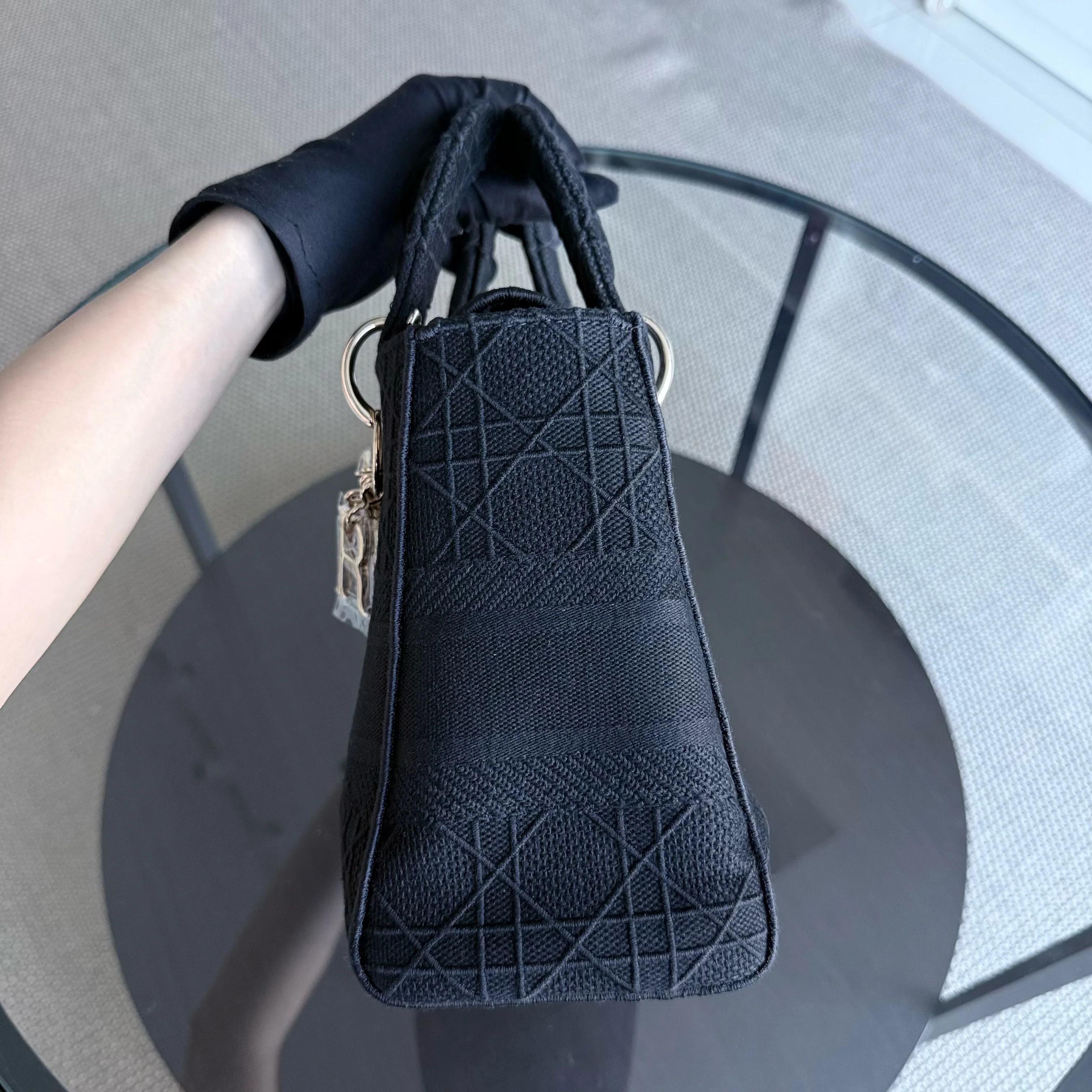 Dior Lady D-Lite Medium - Cannage Embroidered Canvas Black Gold Hardware