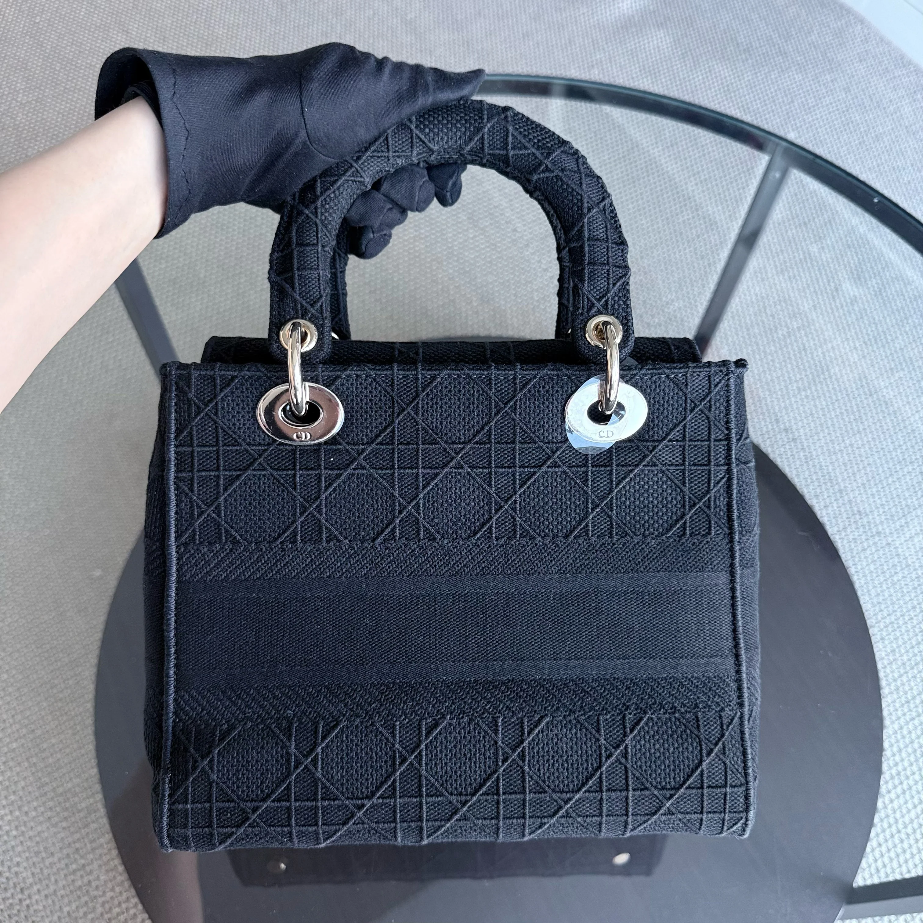 Dior Lady D-Lite Medium - Cannage Embroidered Canvas Black Gold Hardware