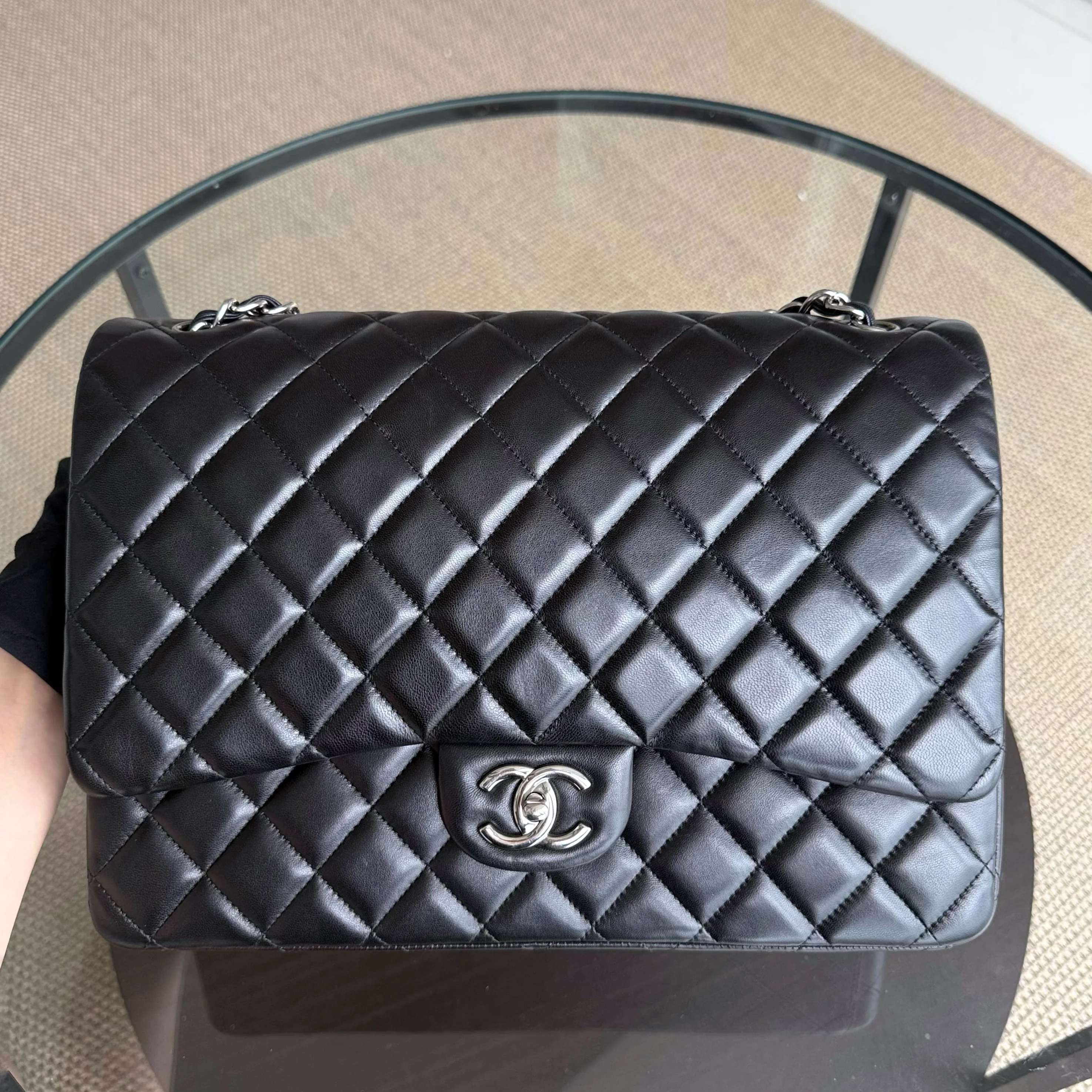 Chanel Classic Flap Maxi - Double Flap Quilted Lambskin Black Silver Hardware Series 15
