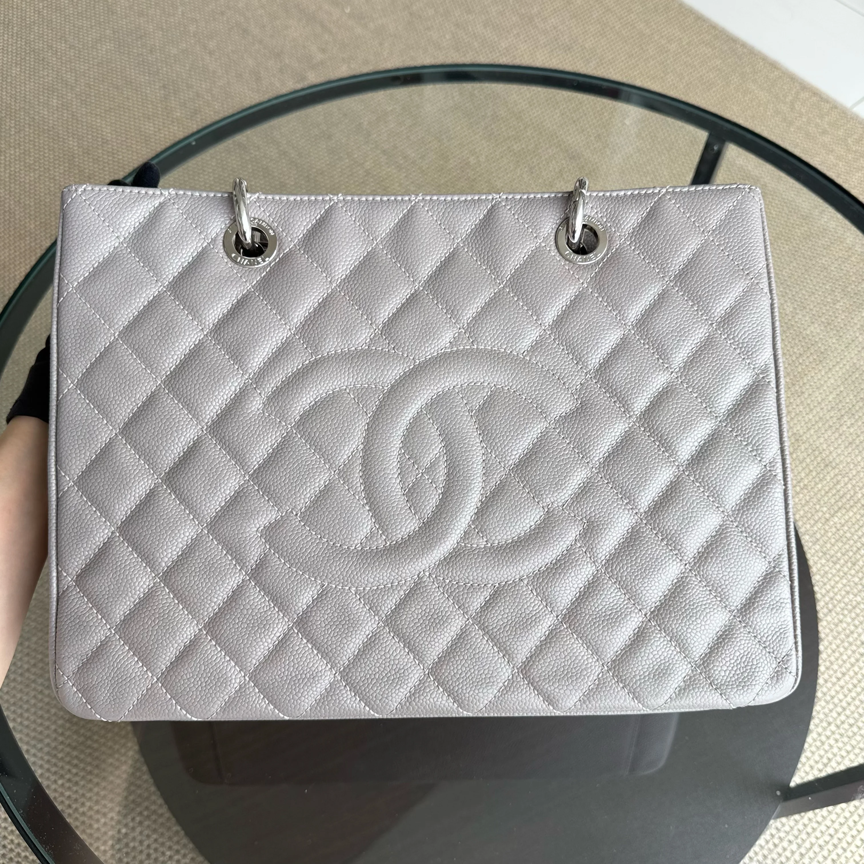 Chanel GST Grand Shopping Tote - Caviar Quilted Grained Calfskin Grey Gray Silver Hardware