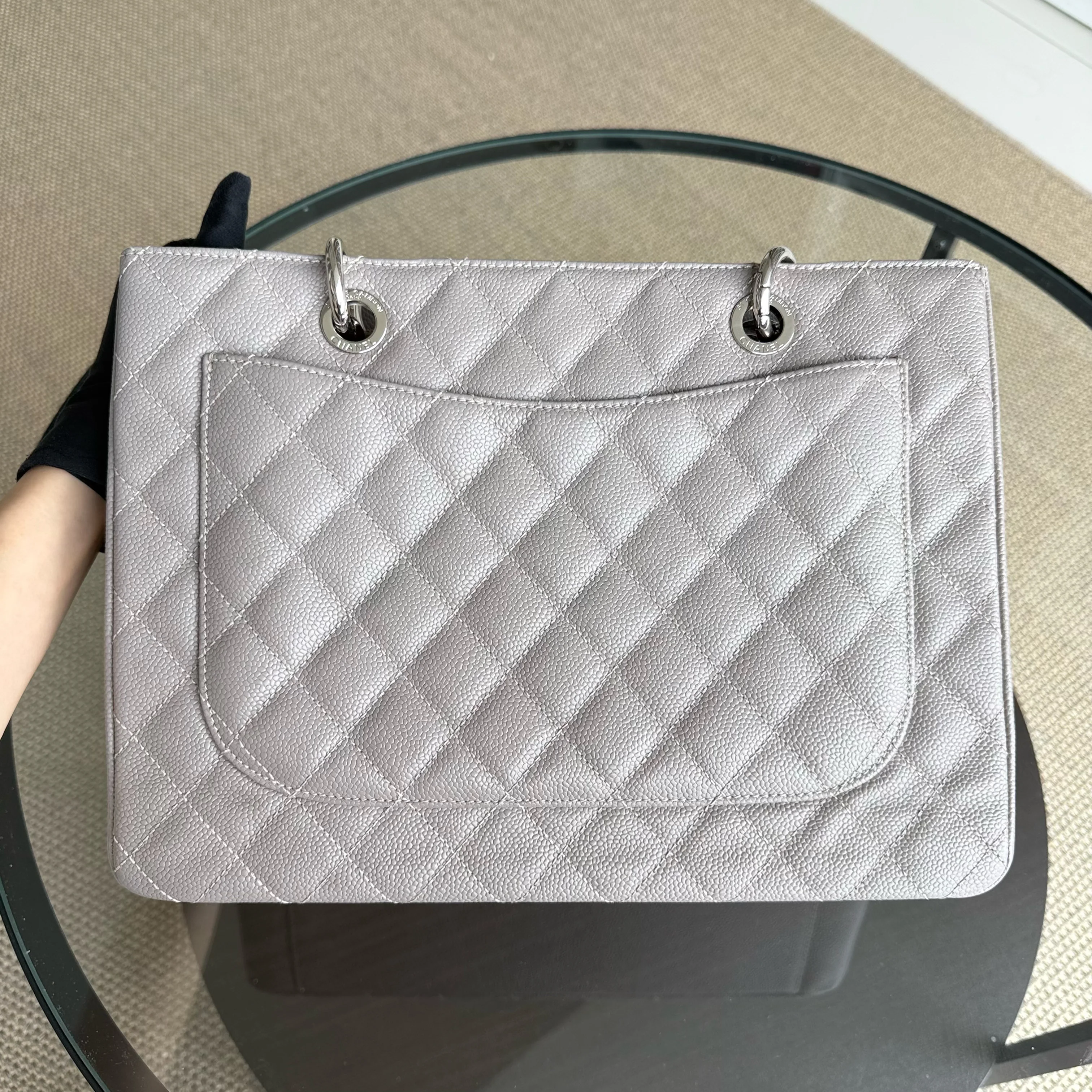 Chanel GST Grand Shopping Tote - Caviar Quilted Grained Calfskin Grey Gray Silver Hardware