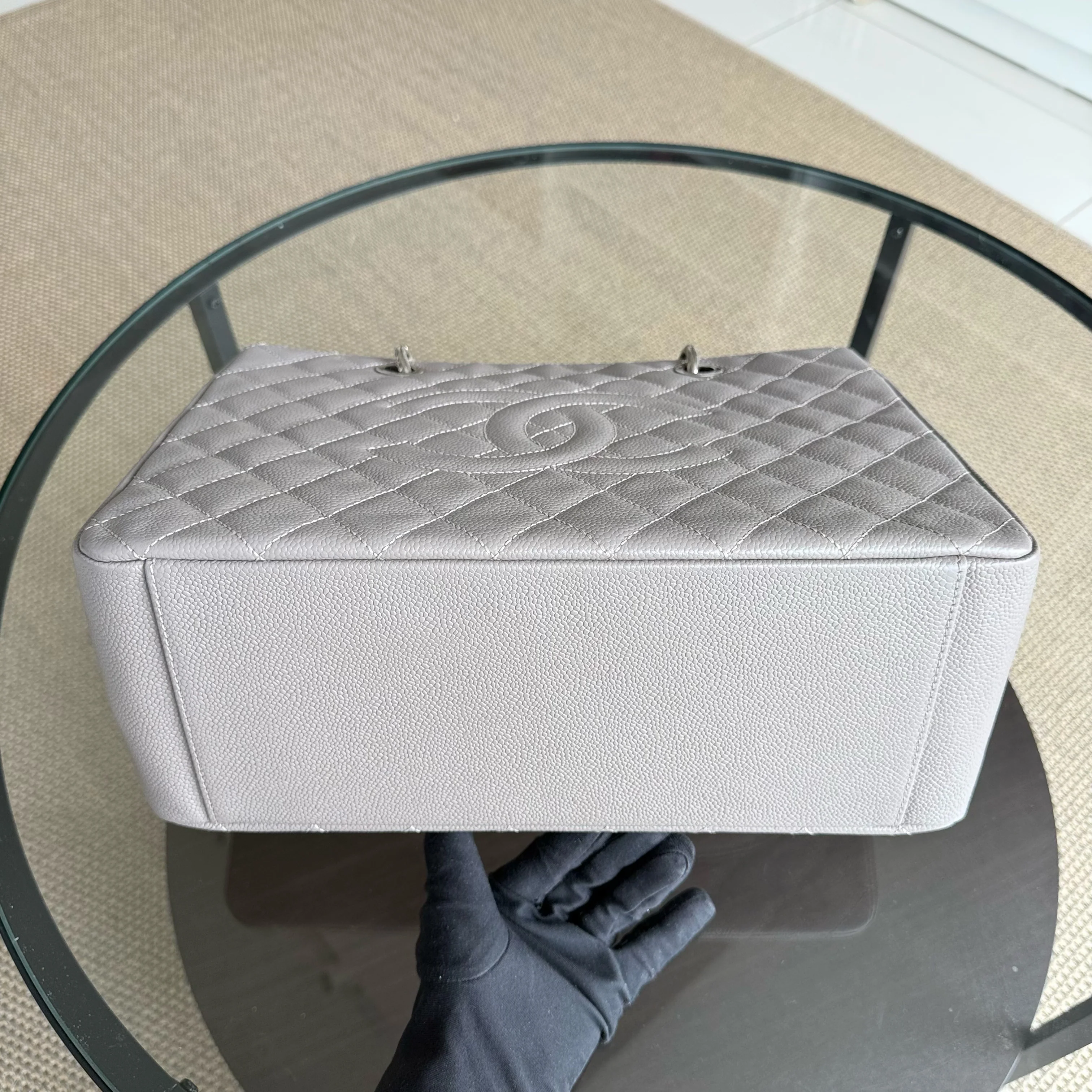 Chanel GST Grand Shopping Tote - Caviar Quilted Grained Calfskin Grey Gray Silver Hardware