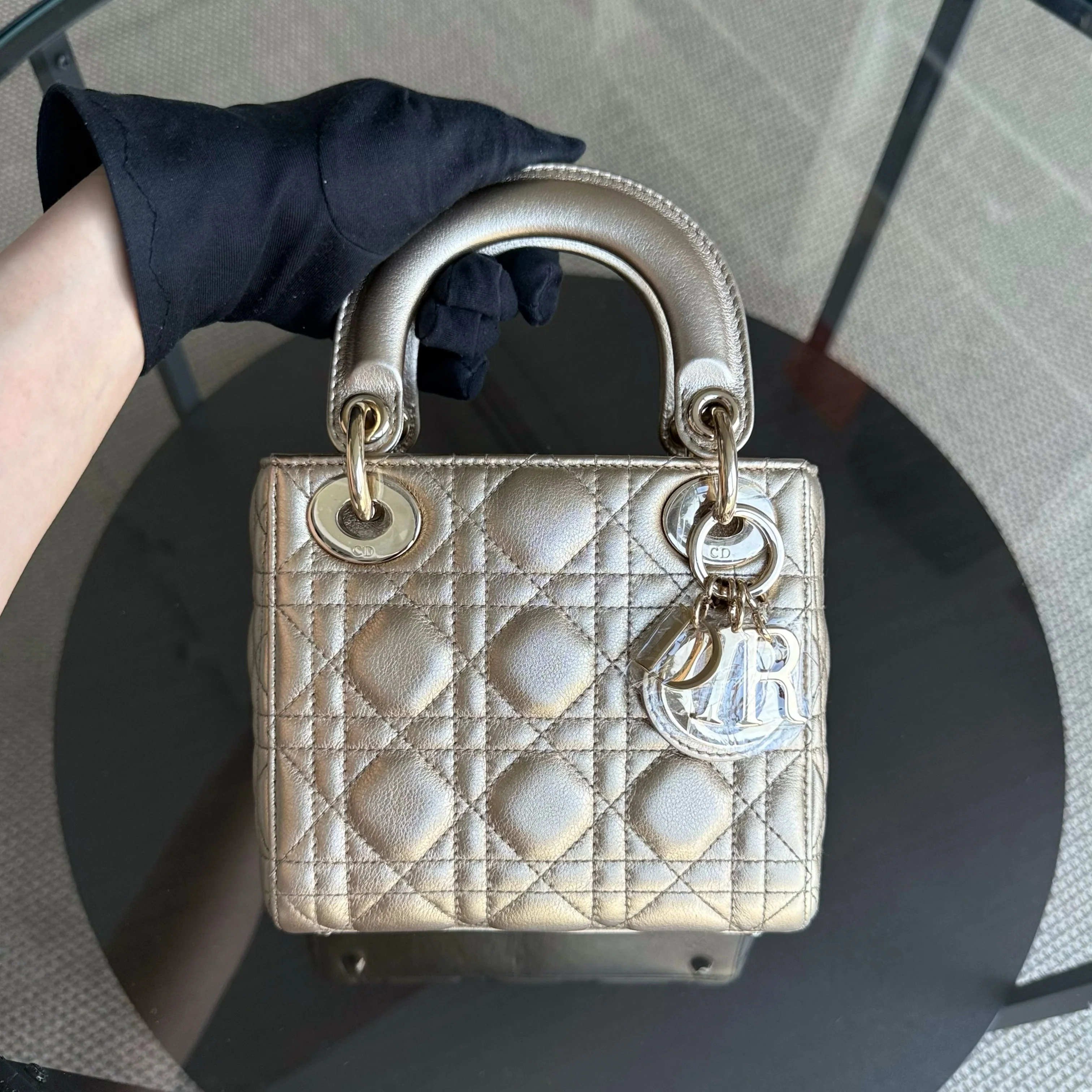 Dior Lady Mini - Cannage Calfskin Metallic Gold Gold Hardware Chain Strap