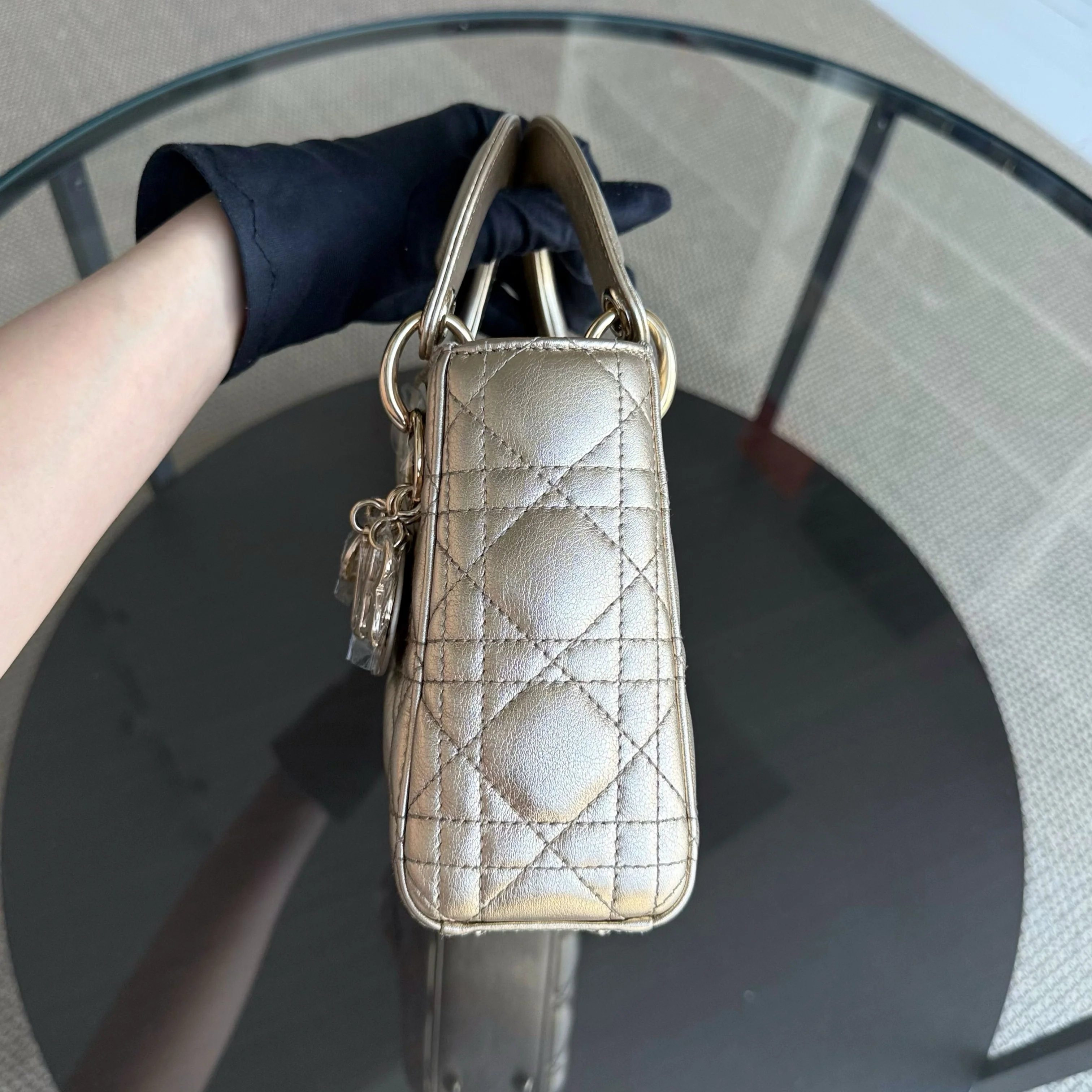 Dior Lady Mini - Cannage Calfskin Metallic Gold Gold Hardware Chain Strap