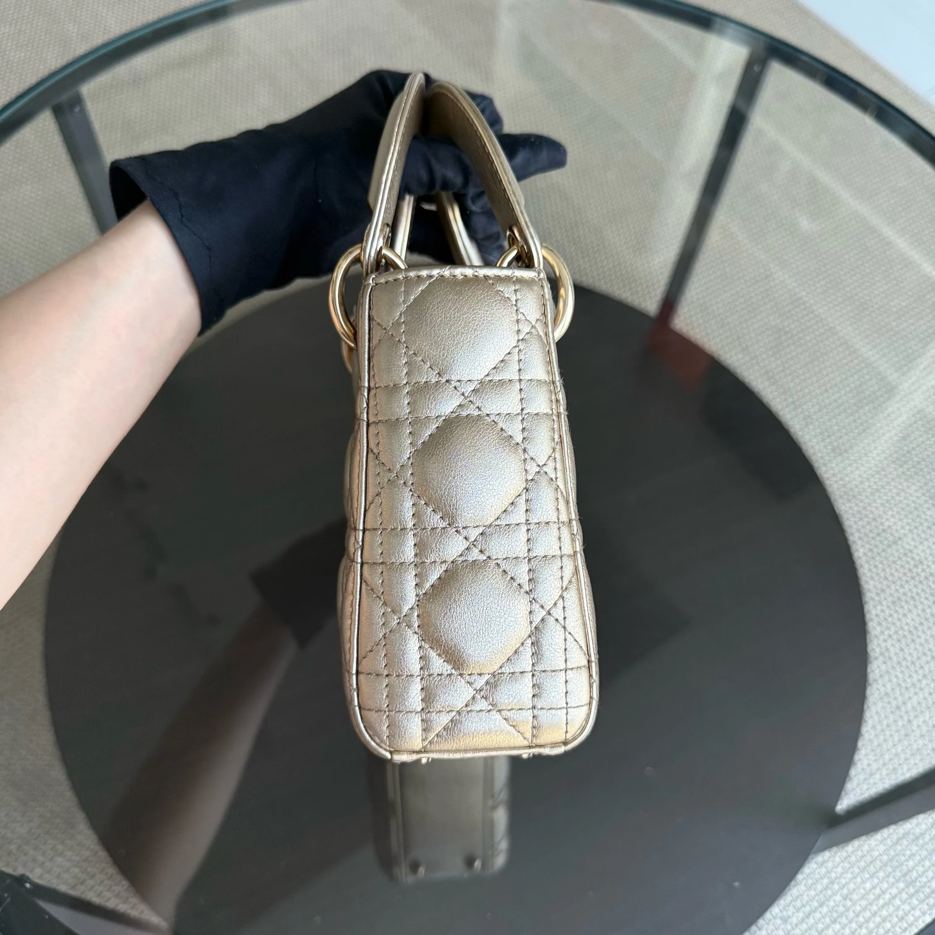 Dior Lady Mini - Cannage Calfskin Metallic Gold Gold Hardware Chain Strap