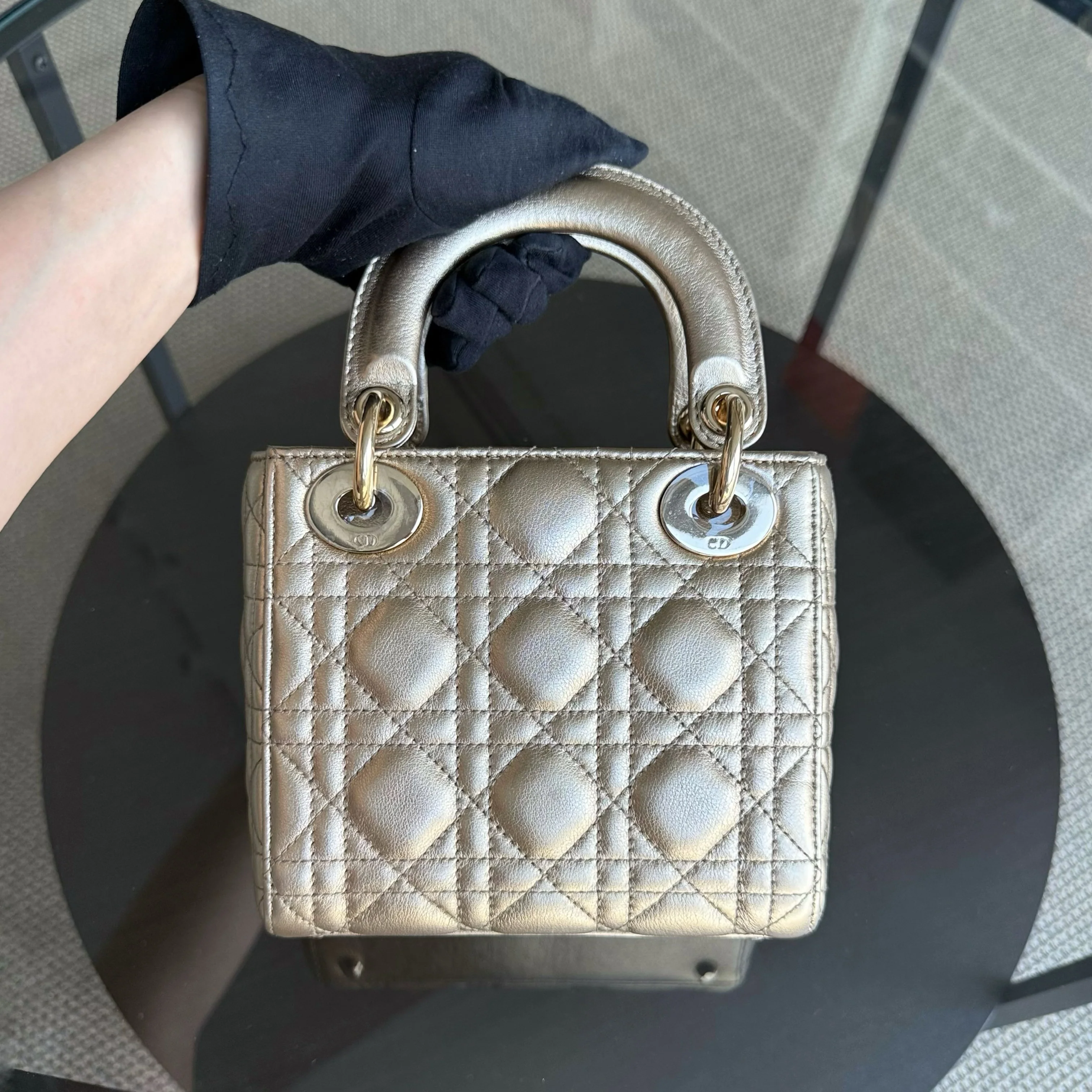 Dior Lady Mini - Cannage Calfskin Metallic Gold Gold Hardware Chain Strap