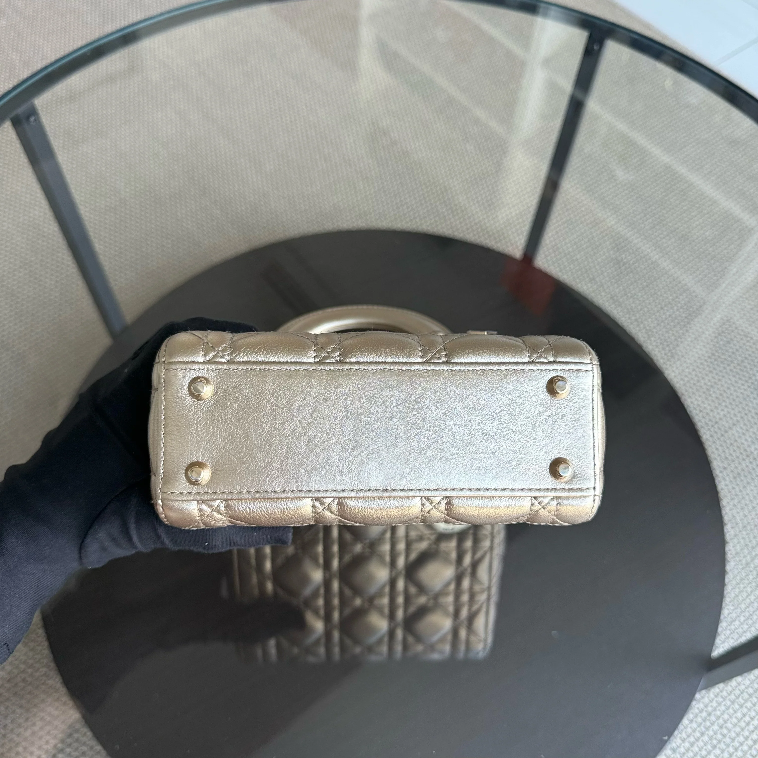 Dior Lady Mini - Cannage Calfskin Metallic Gold Gold Hardware Chain Strap