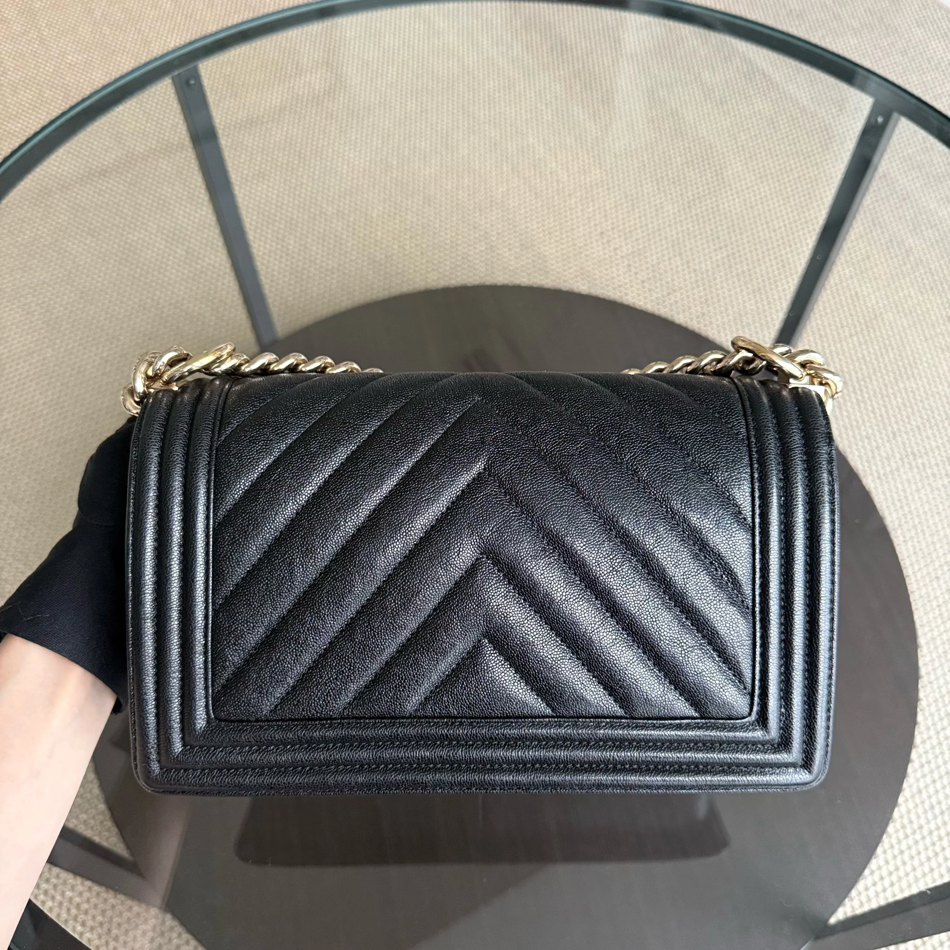 Chanel Boy Medium - Caviar 25CM Chevron Grained Calfskin Black Gold Hardware Series 28