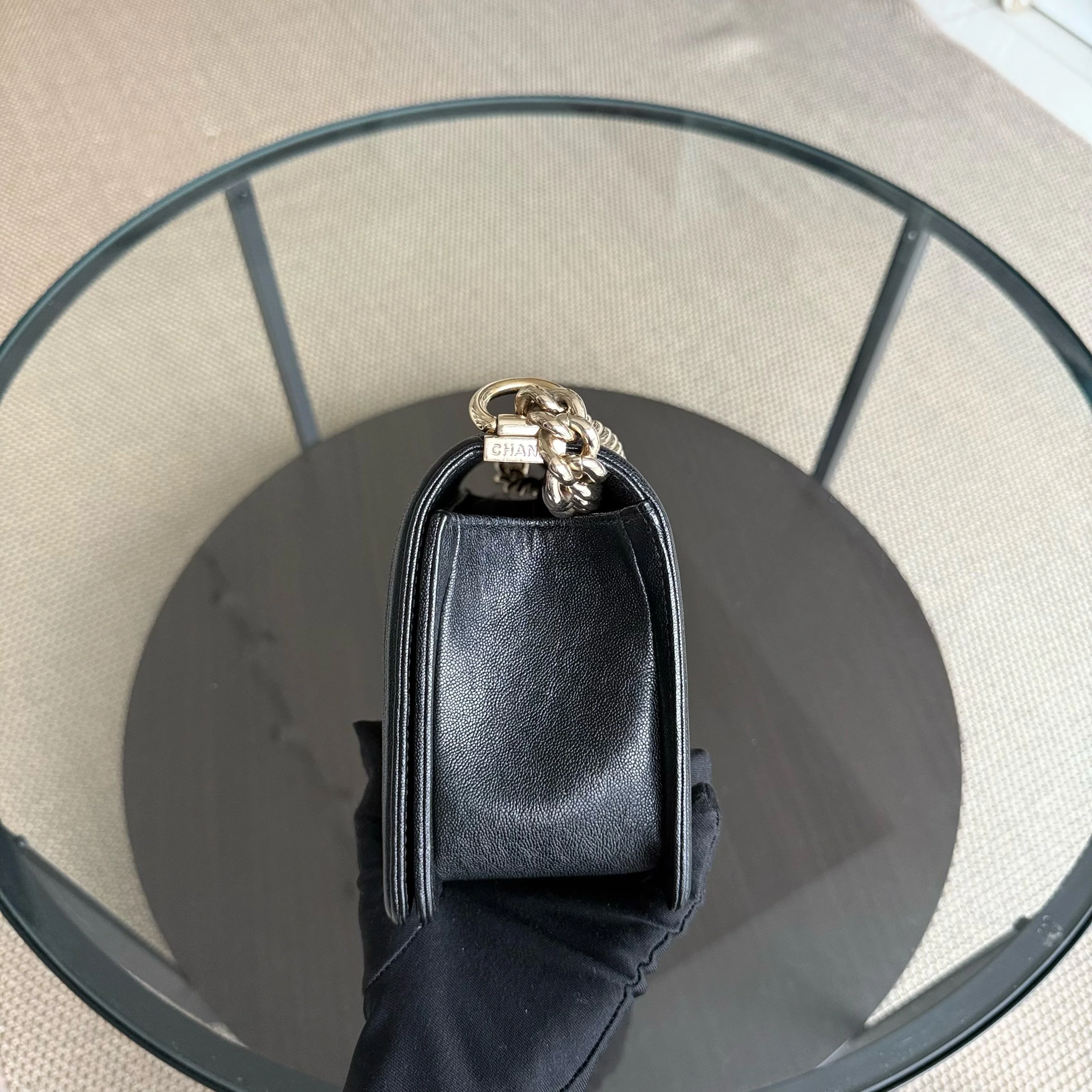 Chanel Boy Medium - Caviar 25CM Chevron Grained Calfskin Black Gold Hardware Series 28