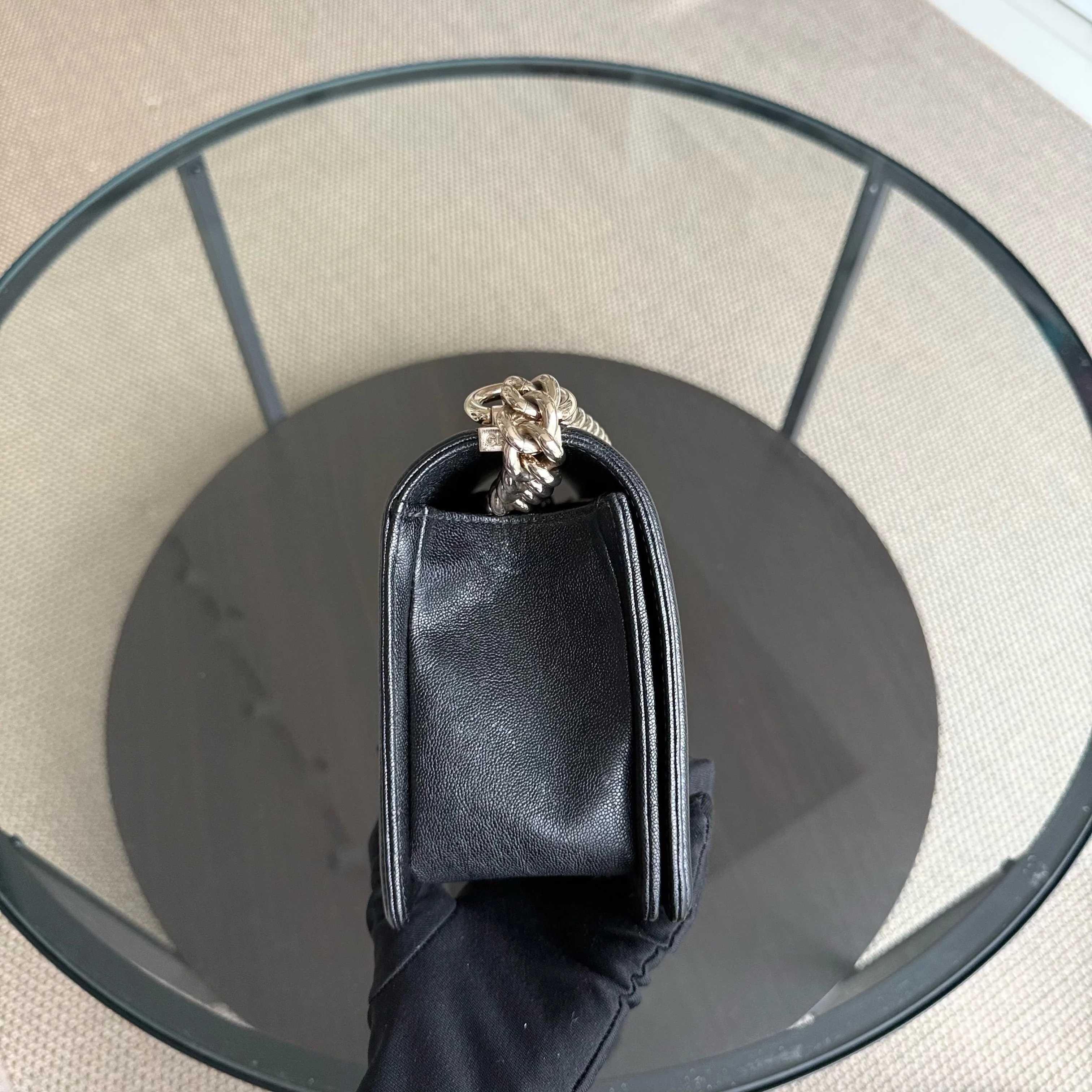 Chanel Boy Medium - Caviar 25CM Chevron Grained Calfskin Black Gold Hardware Series 28