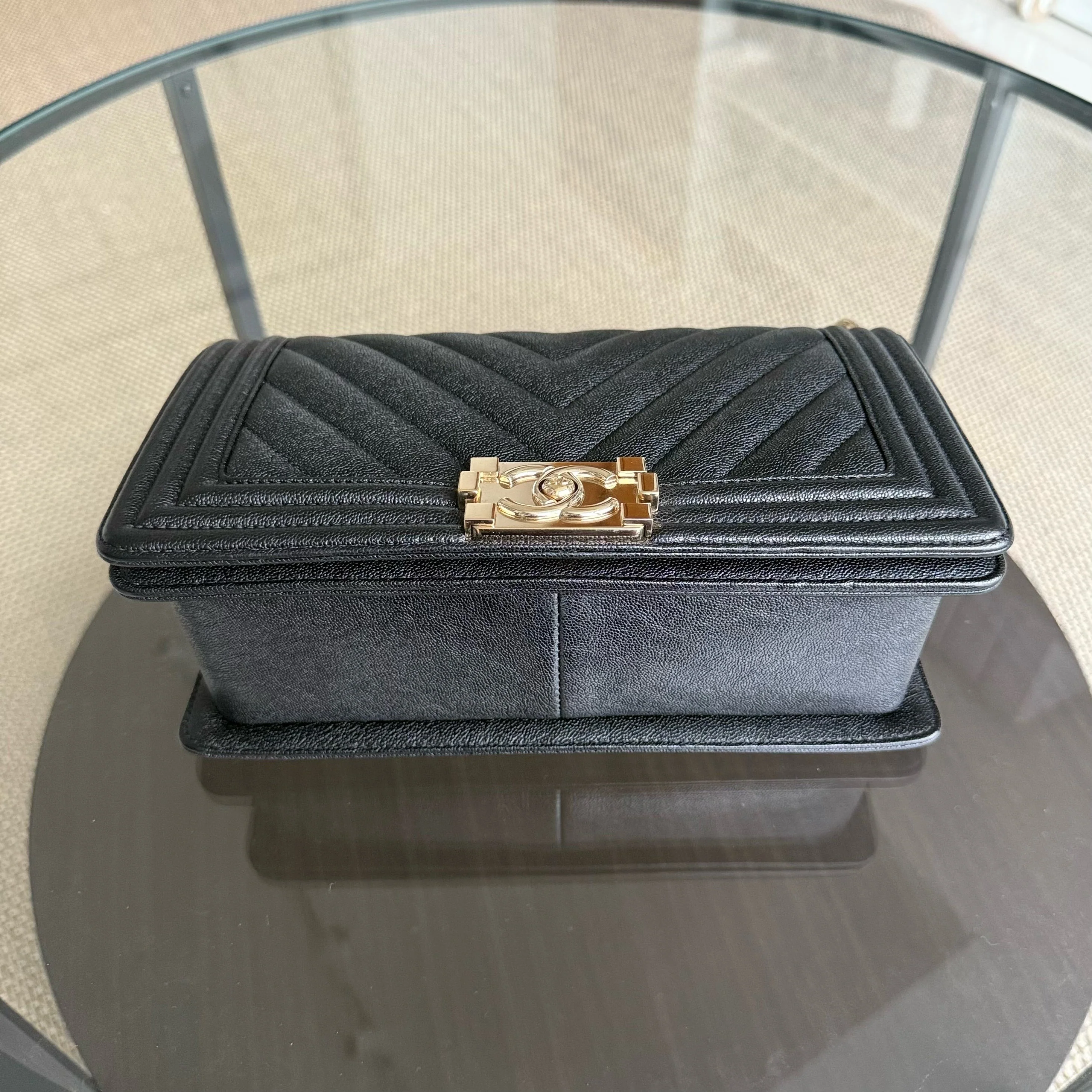 Chanel Boy Medium - Caviar 25CM Chevron Grained Calfskin Black Gold Hardware Series 28