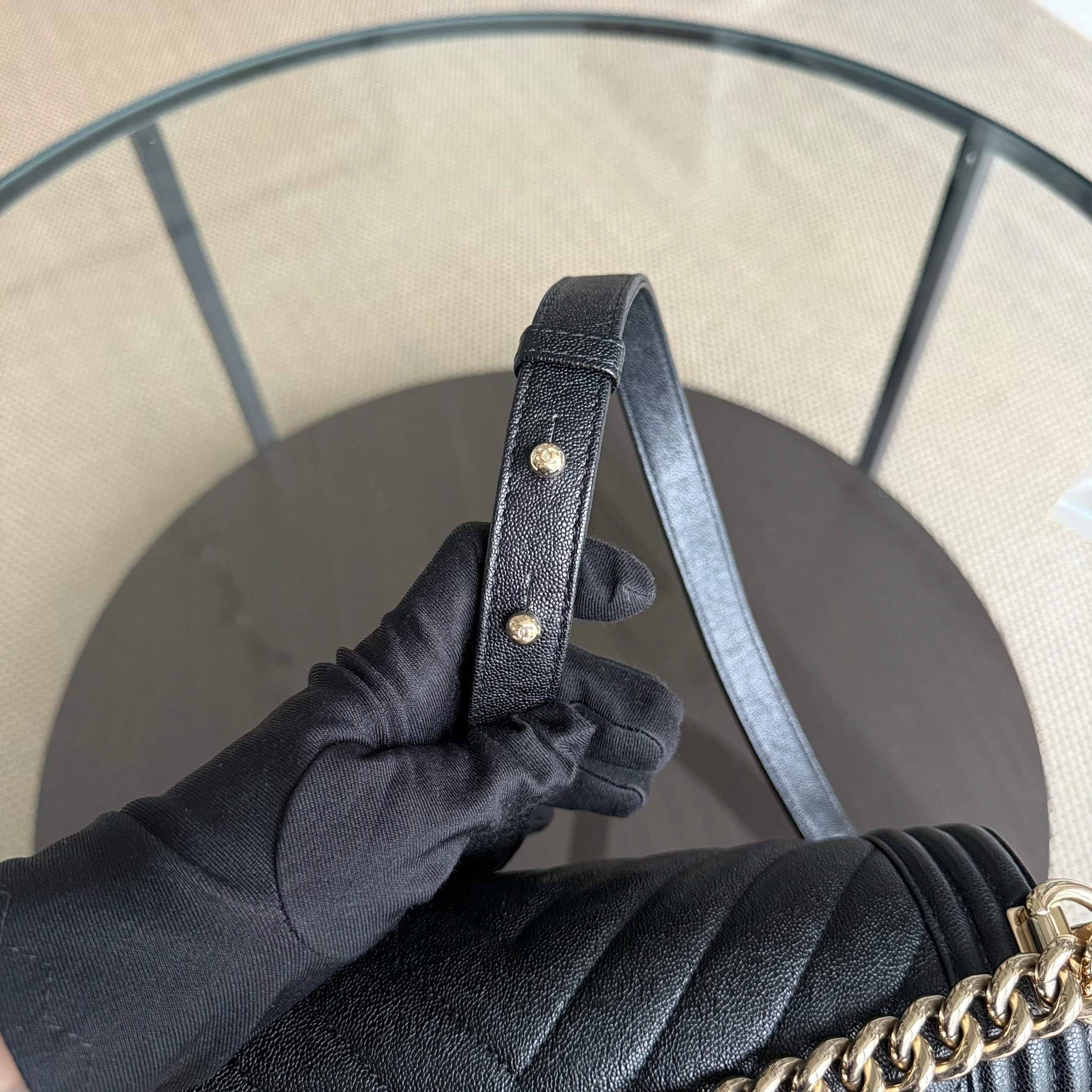 Chanel Boy Medium - Caviar 25CM Chevron Grained Calfskin Black Gold Hardware Series 28