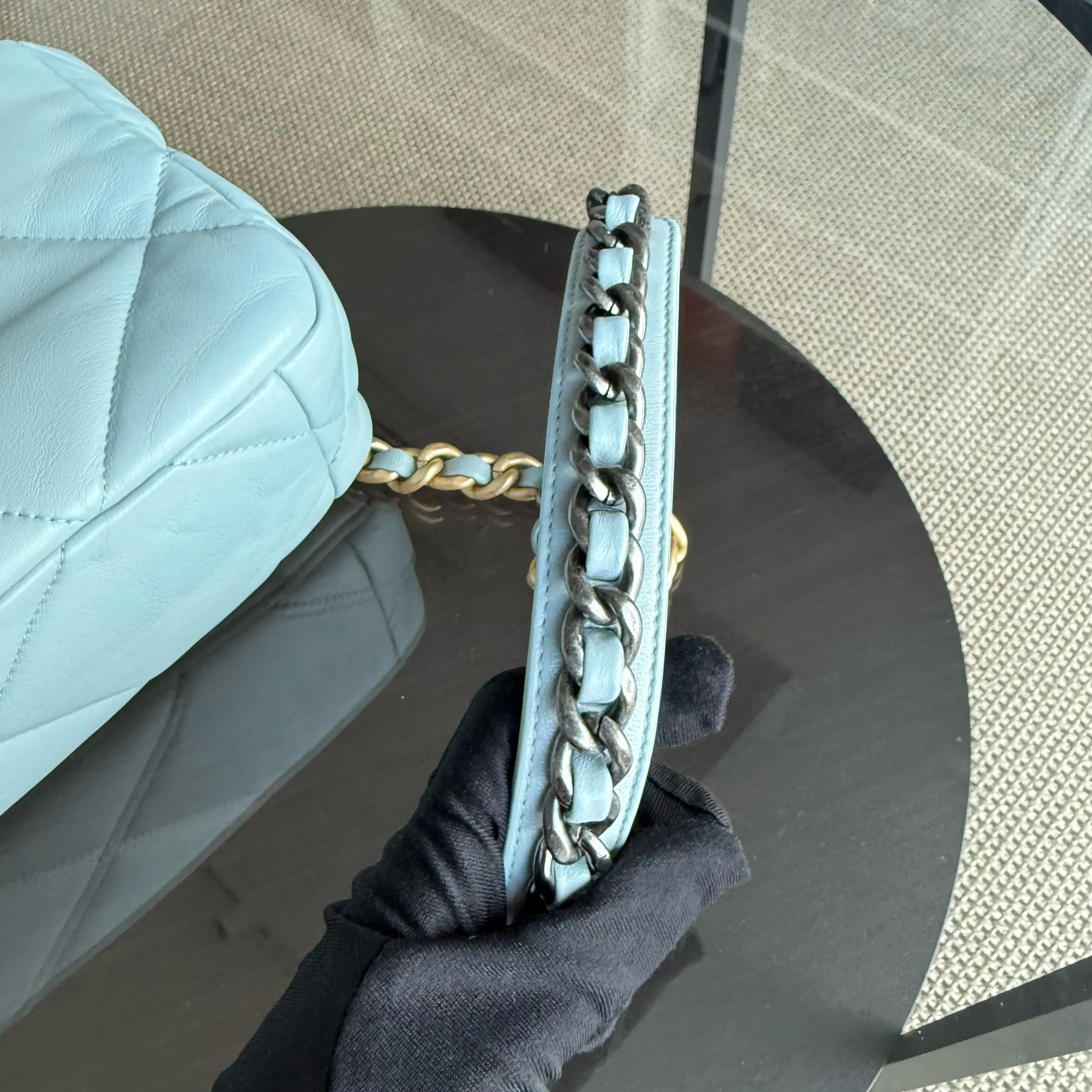 Chanel 19 Bag Small - Quilted Goatskin Light Blue Two-tone Gold Hardware Microchip