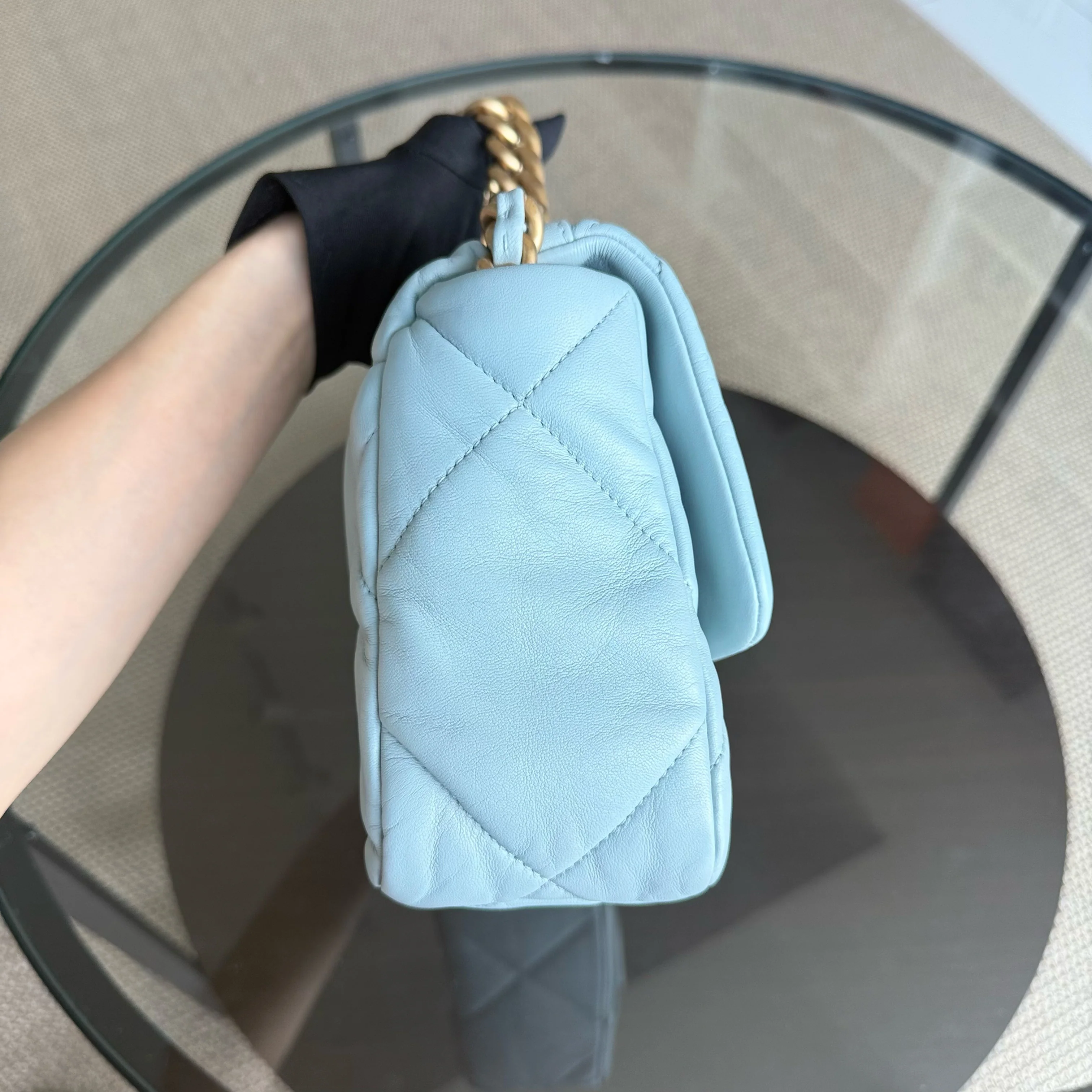 Chanel 19 Bag Small - Quilted Goatskin Light Blue Two-tone Gold Hardware Microchip