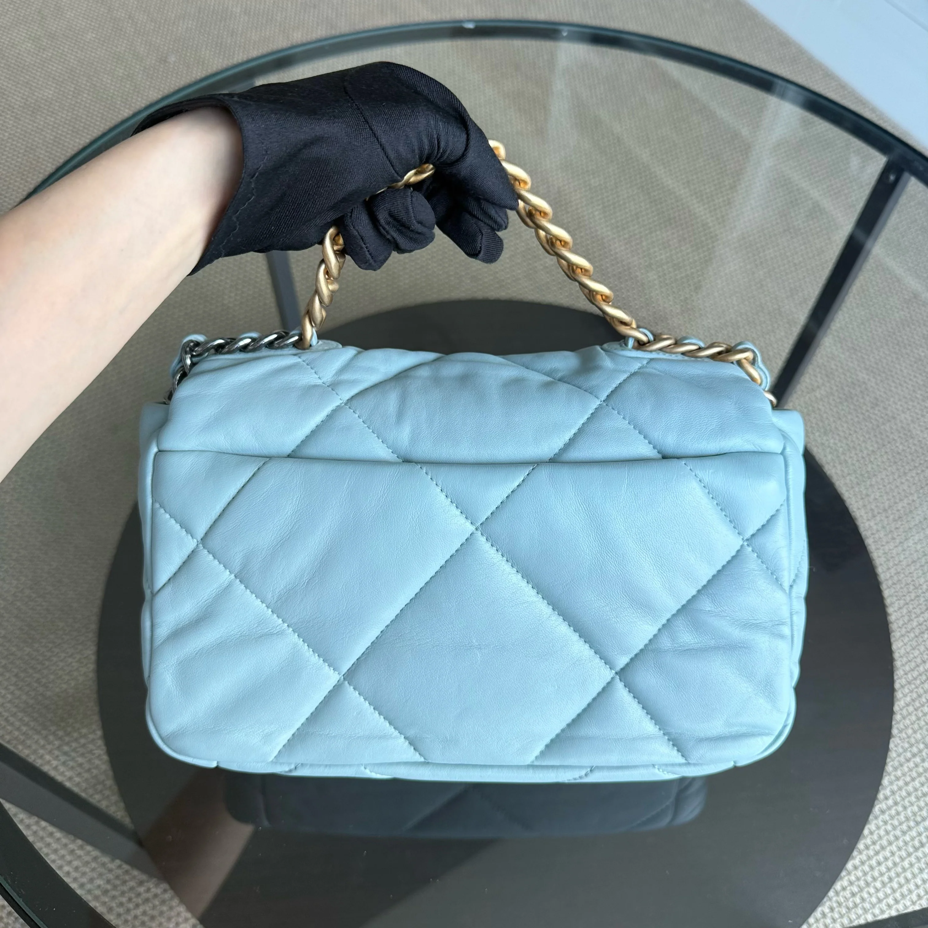 Chanel 19 Bag Small - Quilted Goatskin Light Blue Two-tone Gold Hardware Microchip