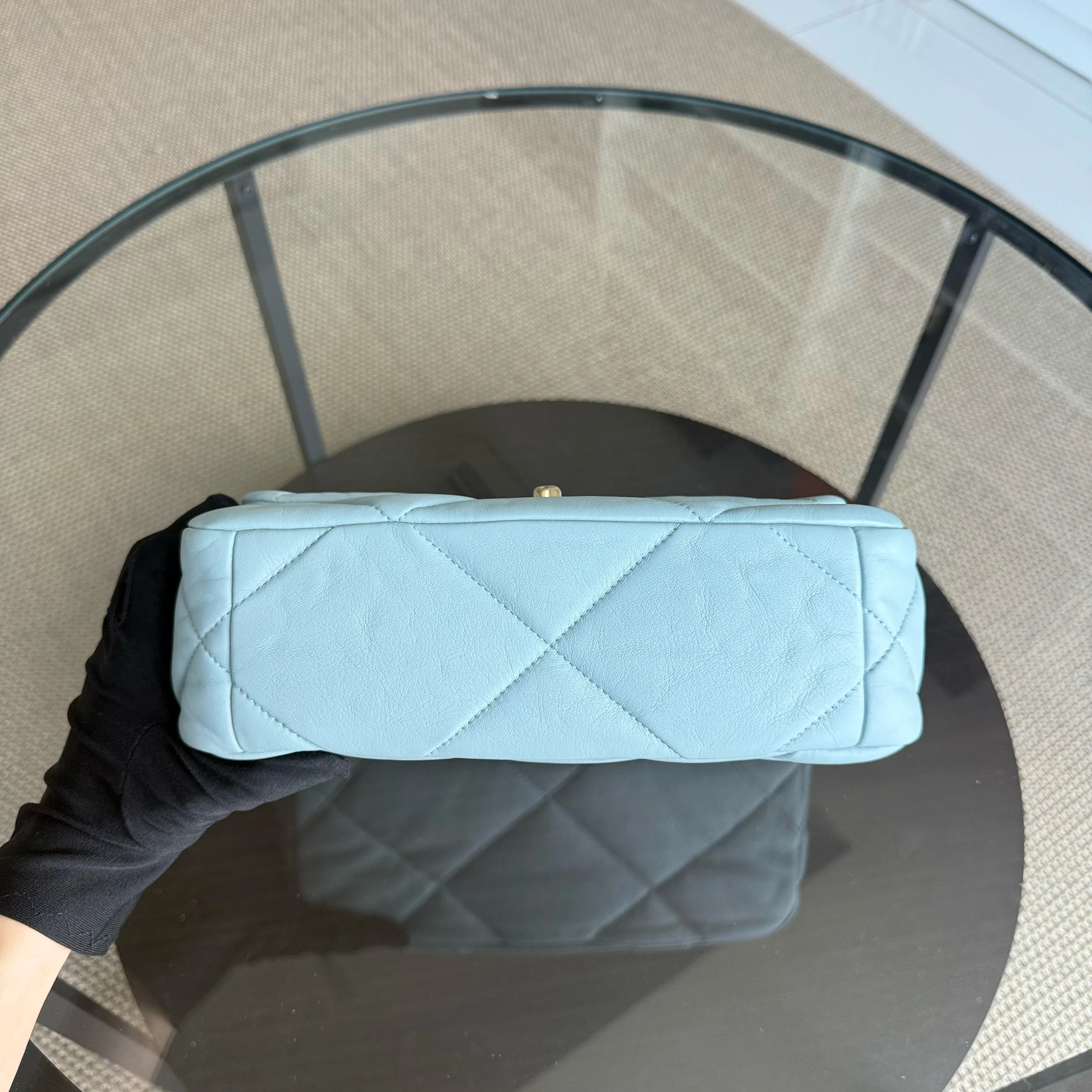 Chanel 19 Bag Small - Quilted Goatskin Light Blue Two-tone Gold Hardware Microchip