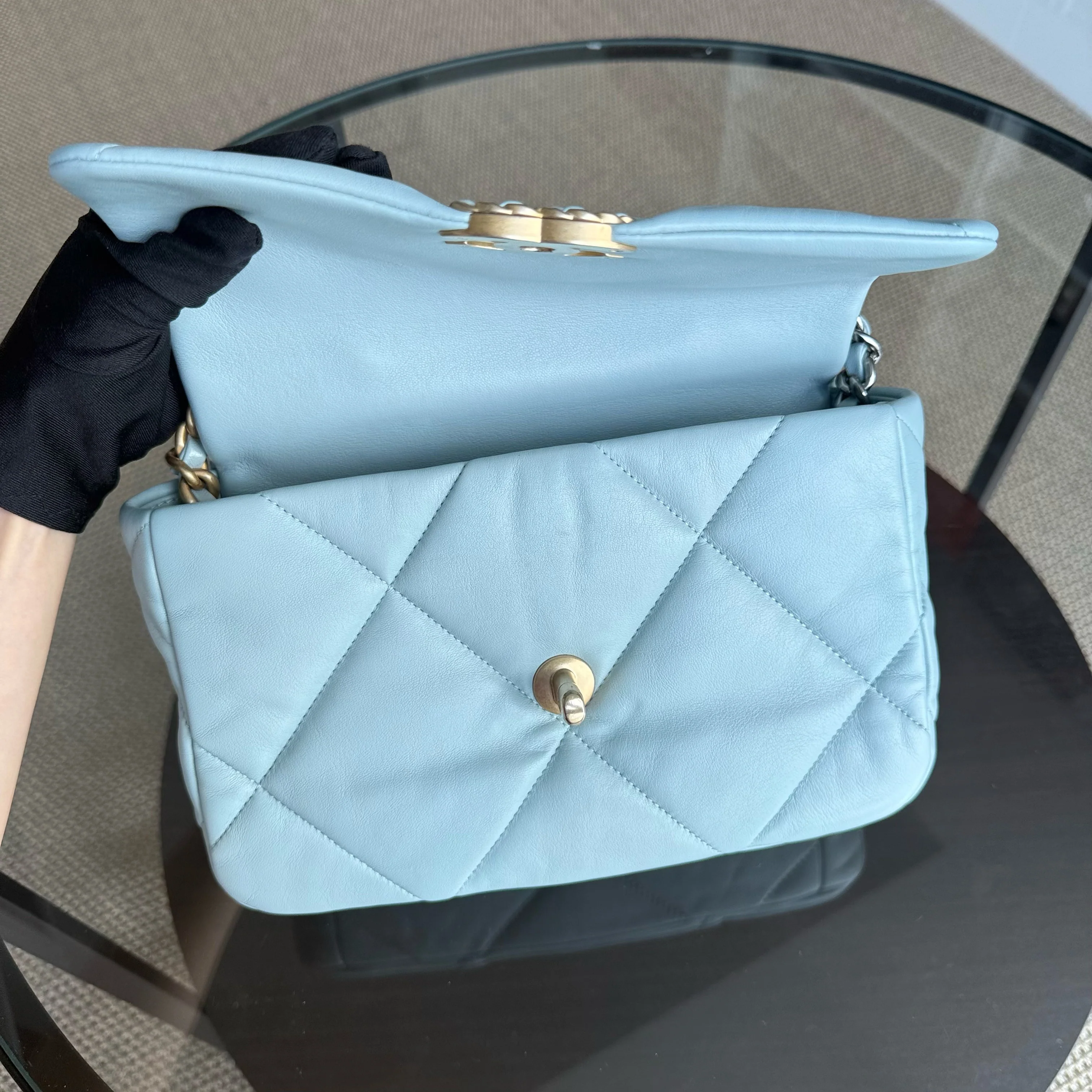 Chanel 19 Bag Small - Quilted Goatskin Light Blue Two-tone Gold Hardware Microchip