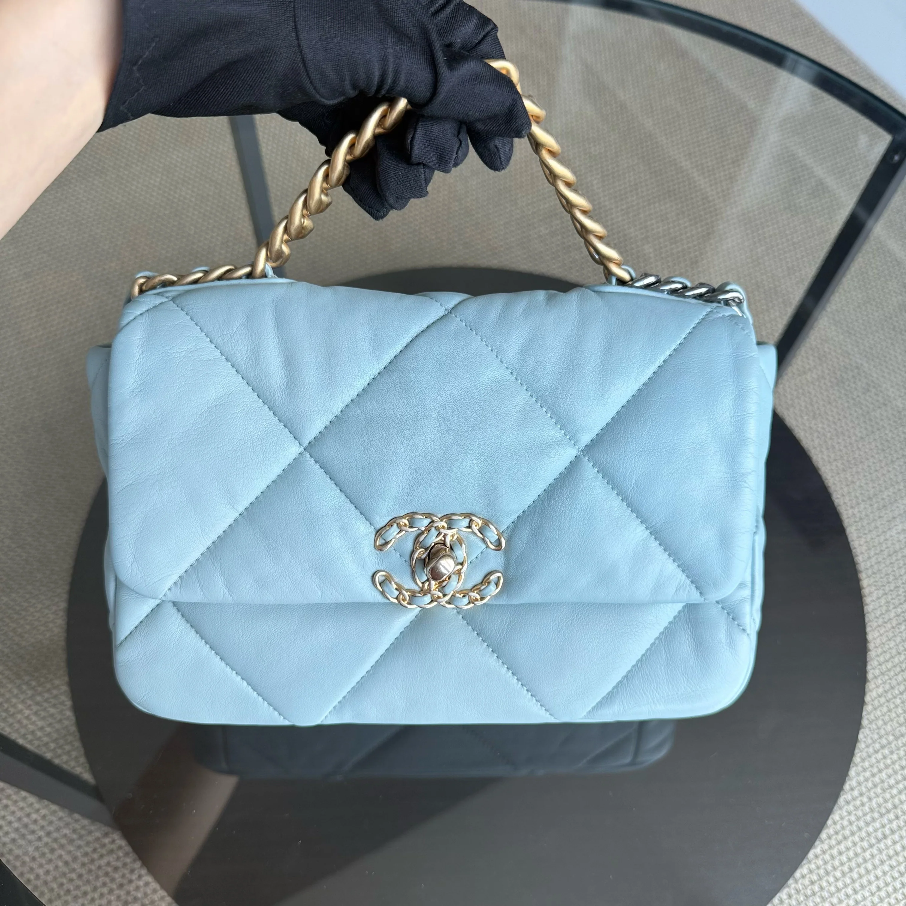Chanel 19 Bag Small - Quilted Goatskin Light Blue Two-tone Gold Hardware Microchip