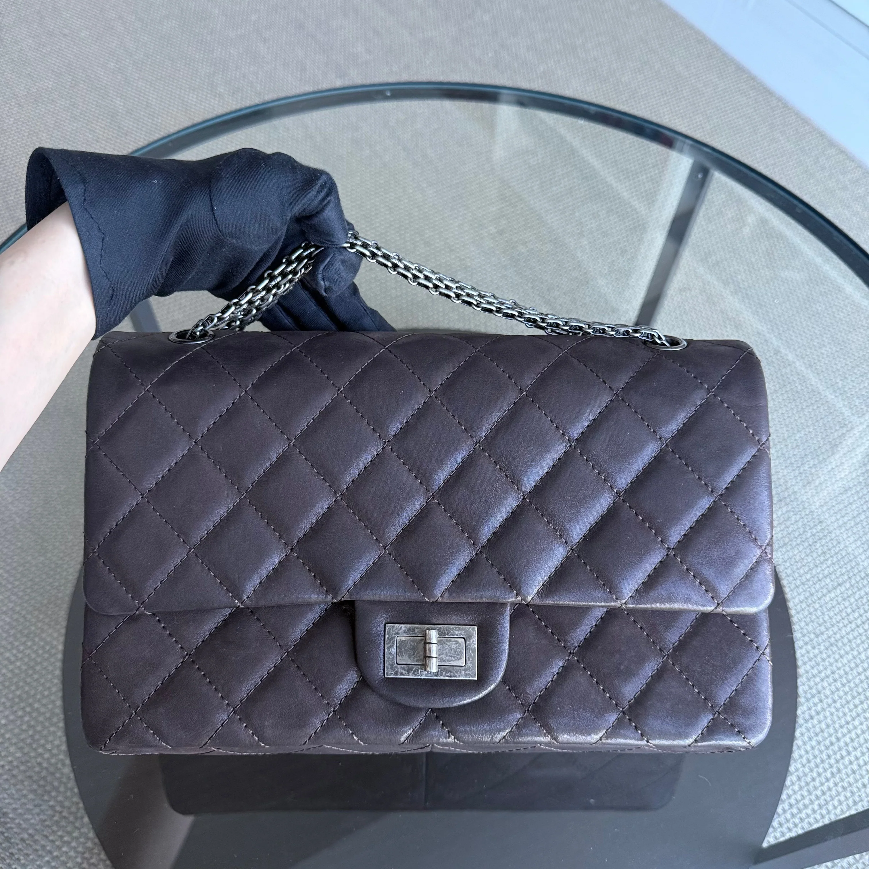 Chanel 2.55 Reissue 227 Maxi - Quilted Iridescent Calfskin Dark Brown Silver Hardware Series 14
