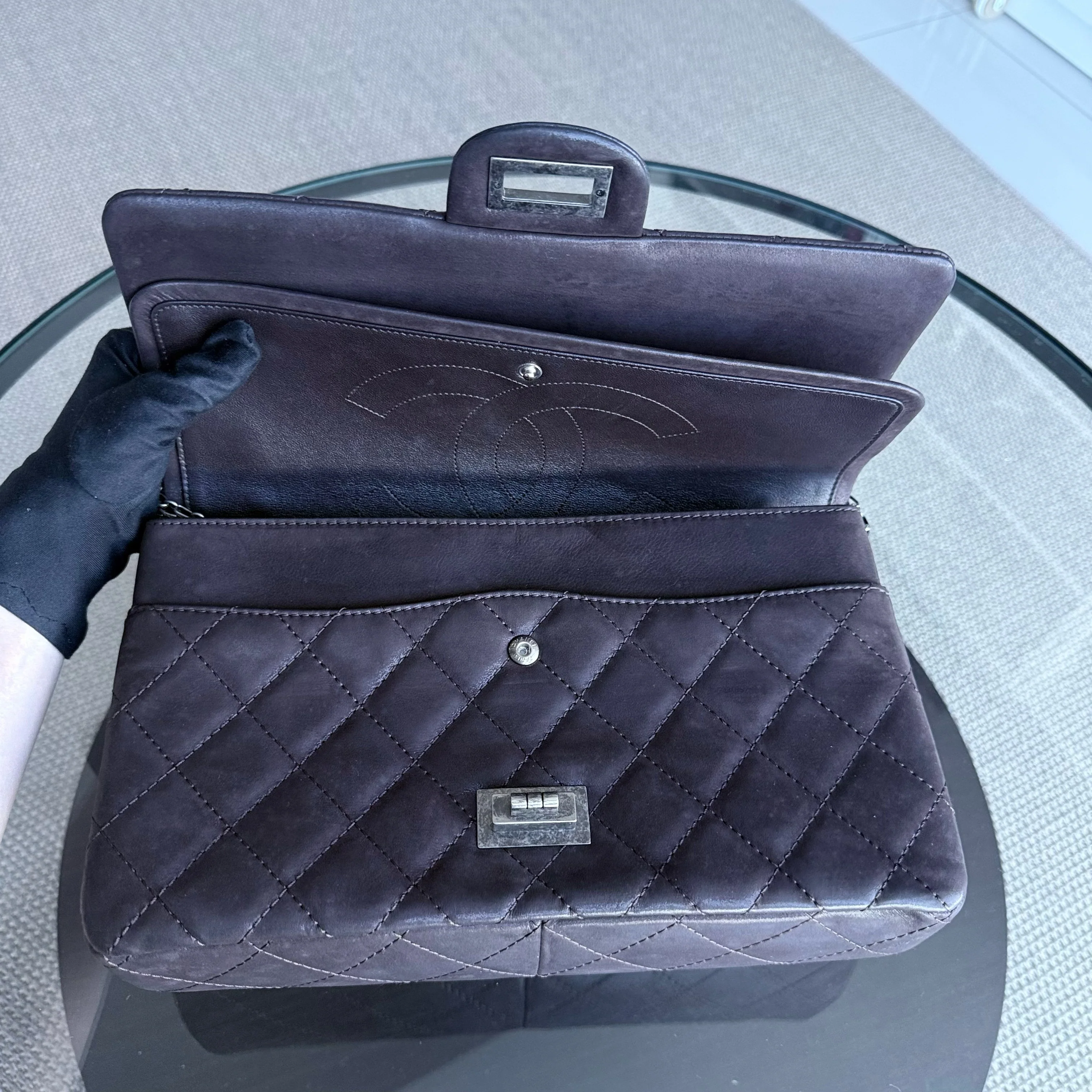 Chanel 2.55 Reissue 227 Maxi - Quilted Iridescent Calfskin Dark Brown Silver Hardware Series 14