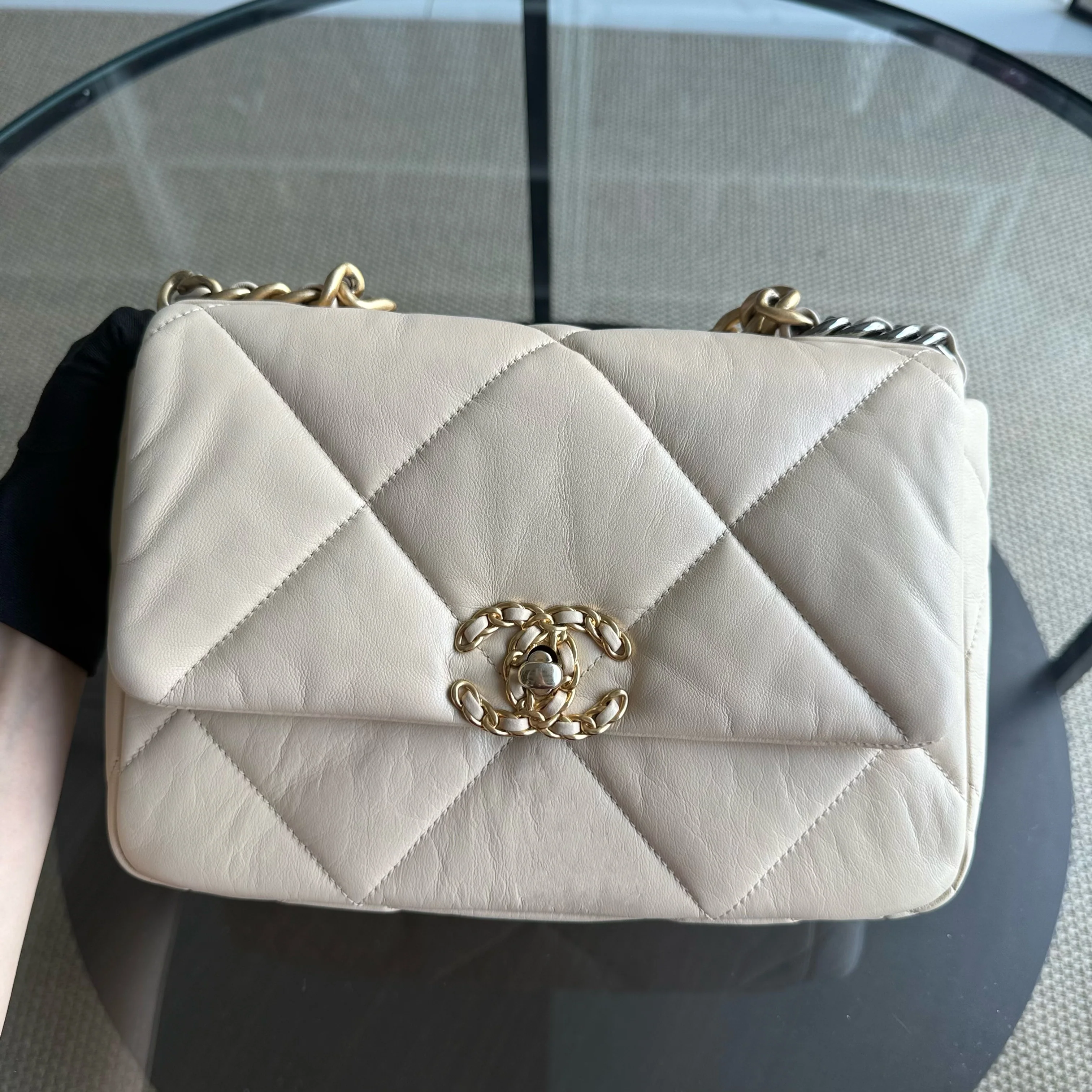 Chanel 19 Bag Small - Quilted Lambskin Light Beige Two-tone Gold Hardware Series 30