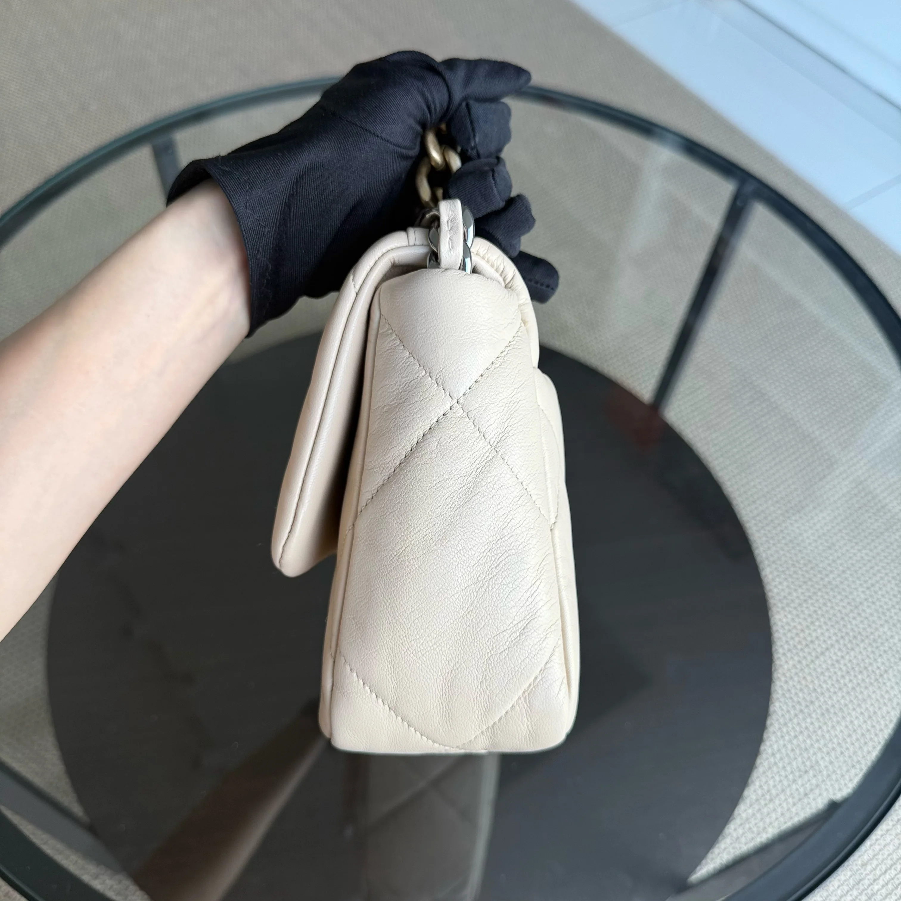 Chanel 19 Bag Small - Quilted Lambskin Light Beige Two-tone Gold Hardware Series 30