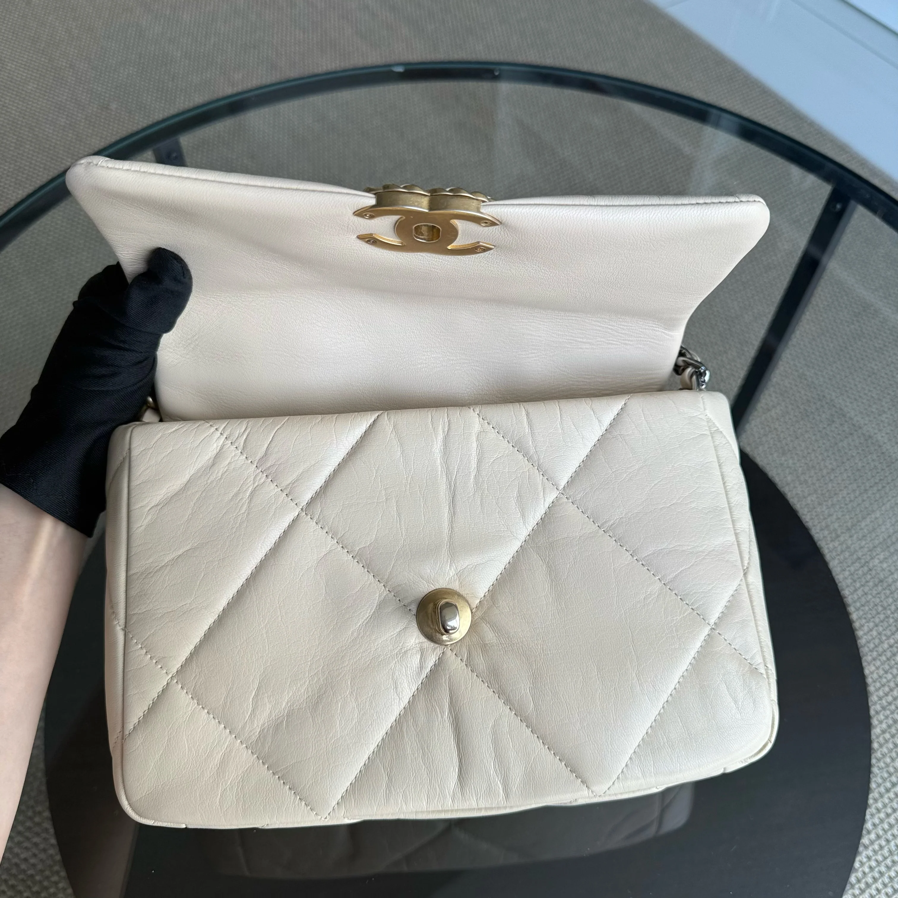 Chanel 19 Bag Small - Quilted Lambskin Light Beige Two-tone Gold Hardware Series 30