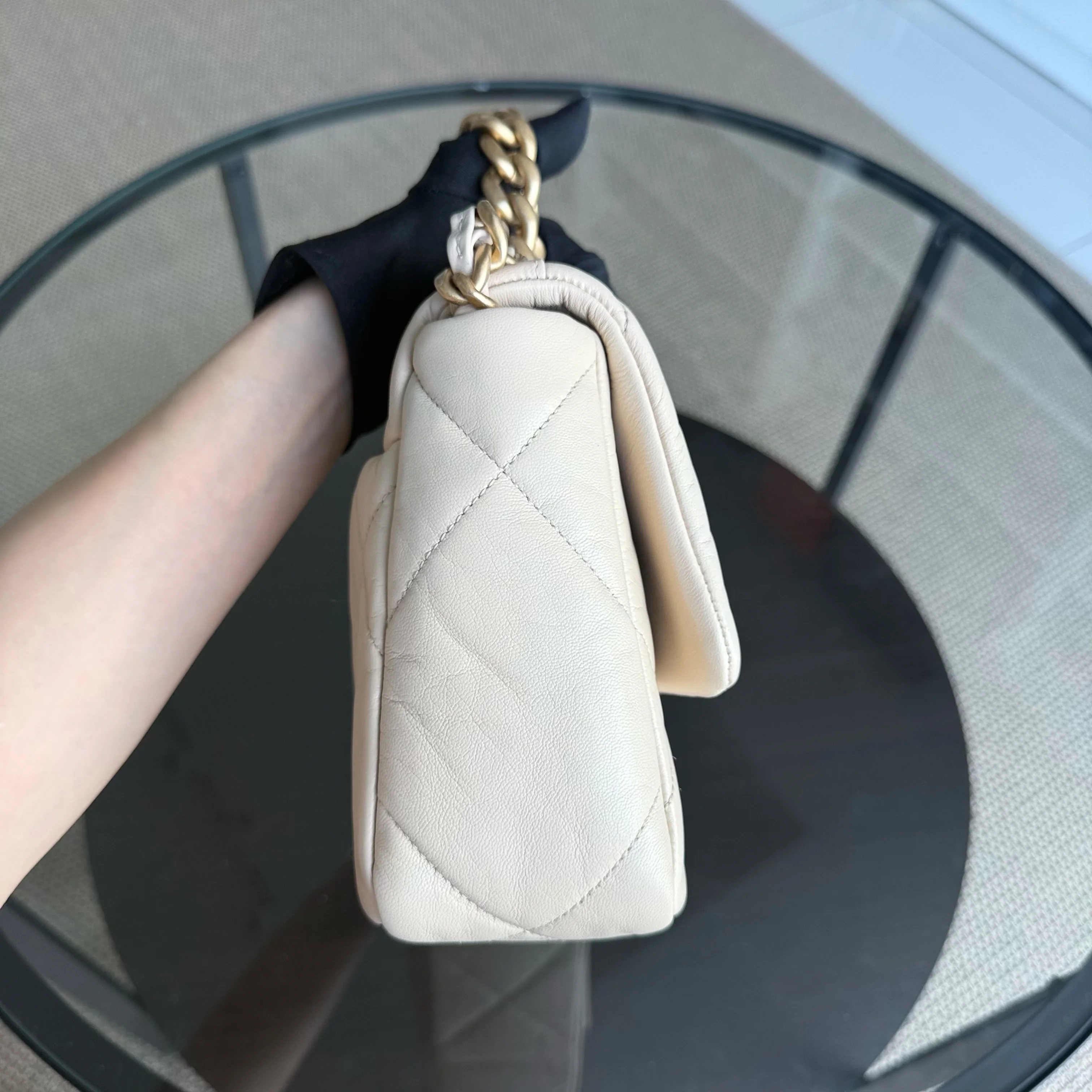 Chanel 19 Bag Small - Quilted Lambskin Light Beige Two-tone Gold Hardware Series 30