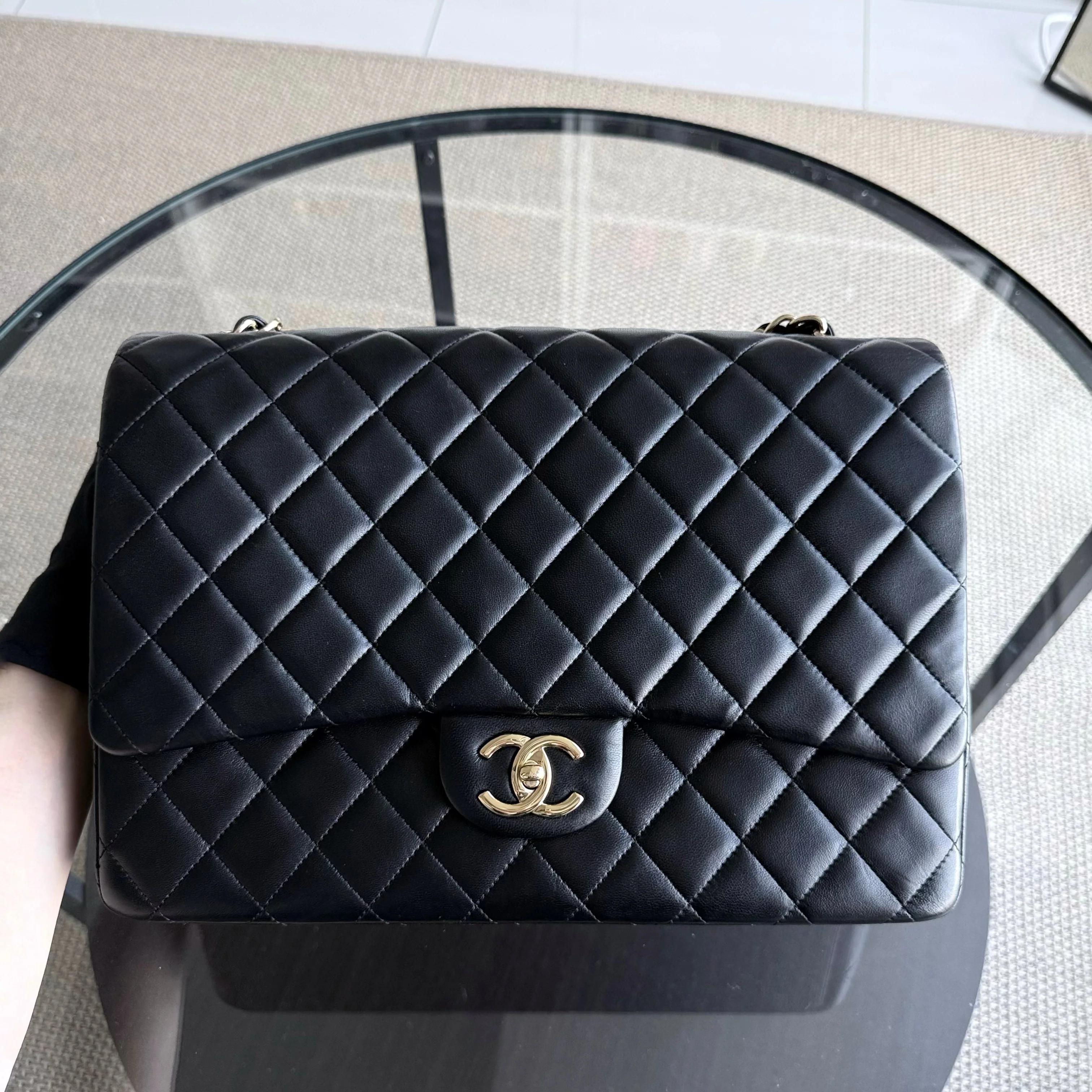 Chanel Classic Flap Maxi - Double Flap Quilted Lambskin Black Gold Hardware