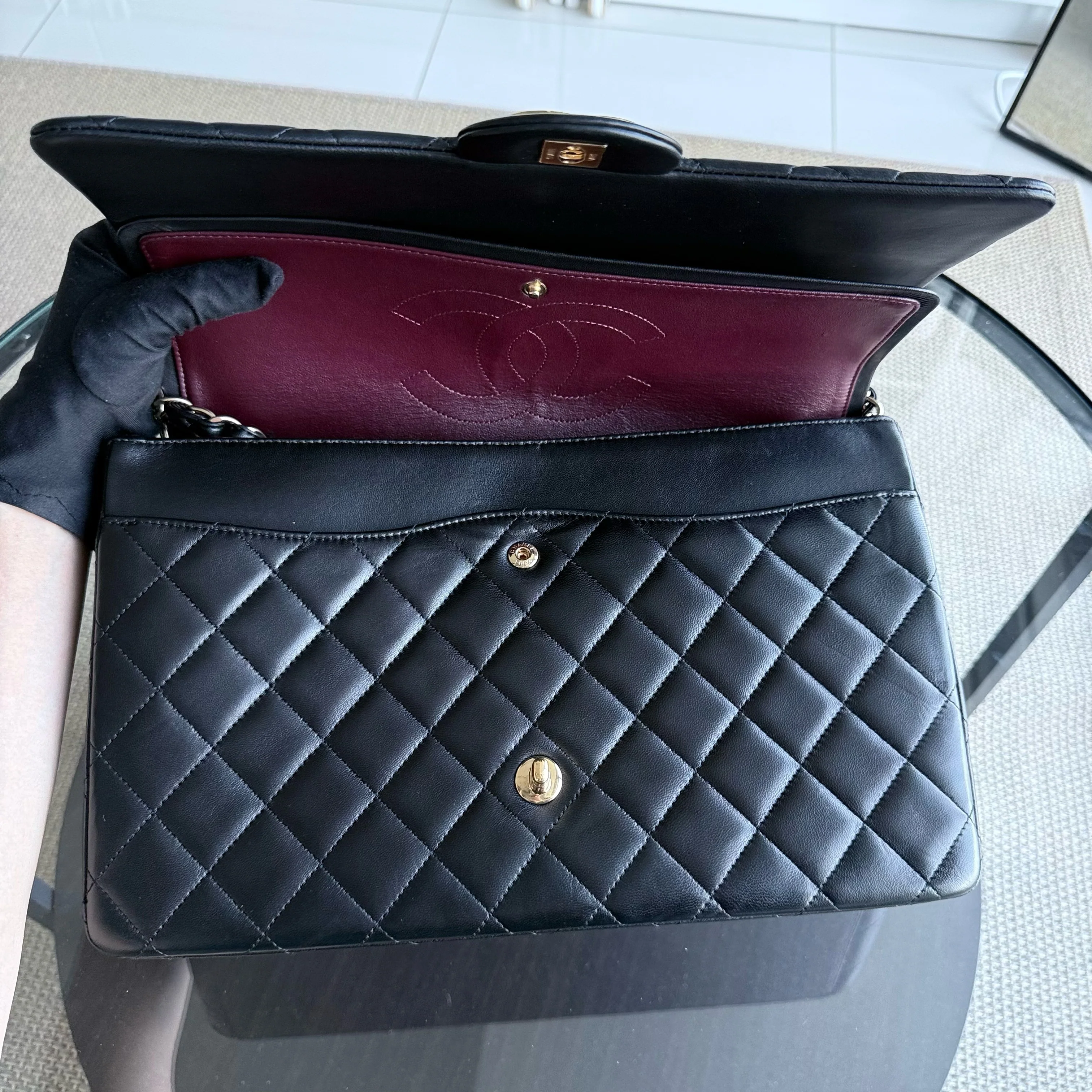 Chanel Classic Flap Maxi - Double Flap Quilted Lambskin Black Gold Hardware