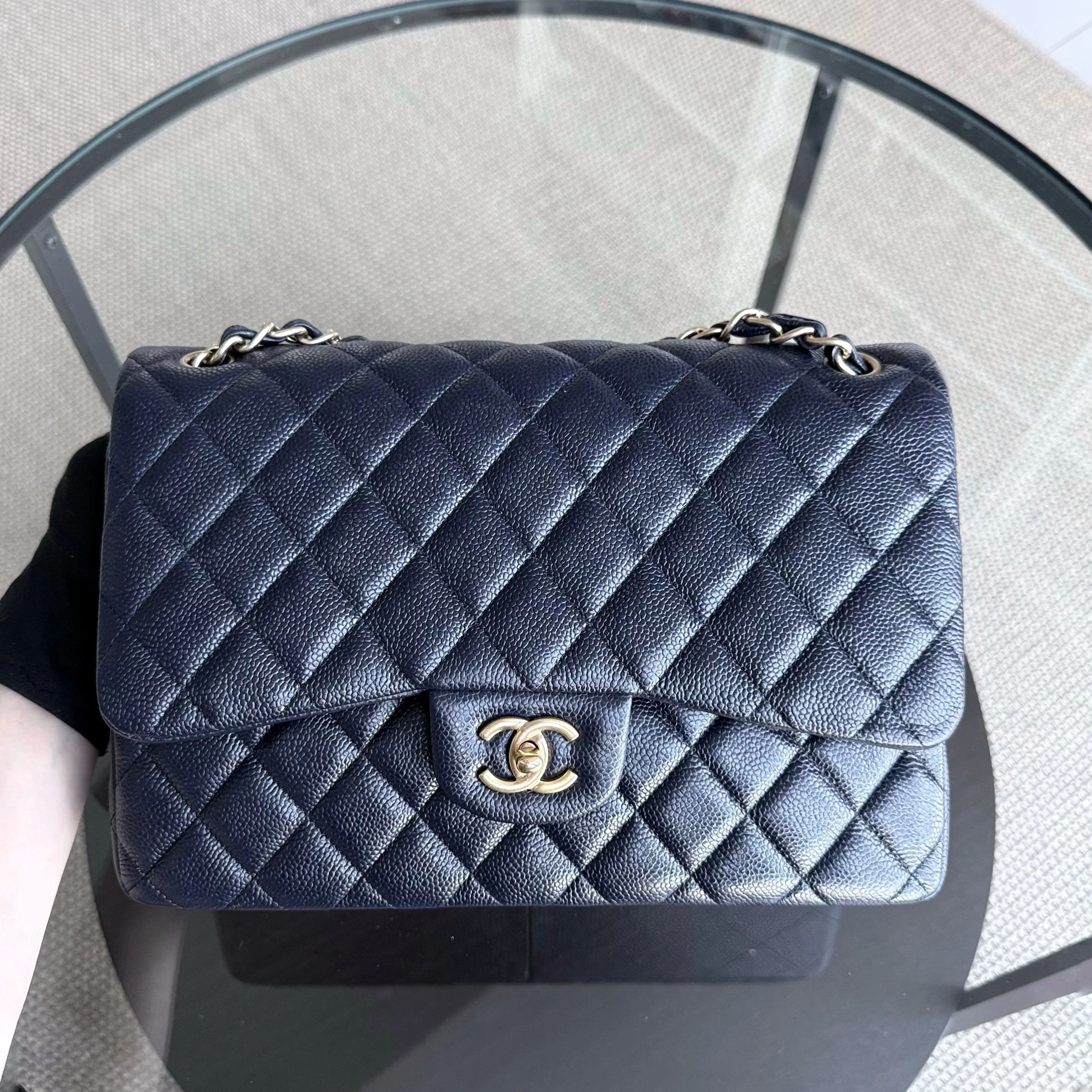Chanel Classic Flap Jumbo - Caviar Quilted Grained Calfskin Dark Navy Blue Gold Hardware Series 21