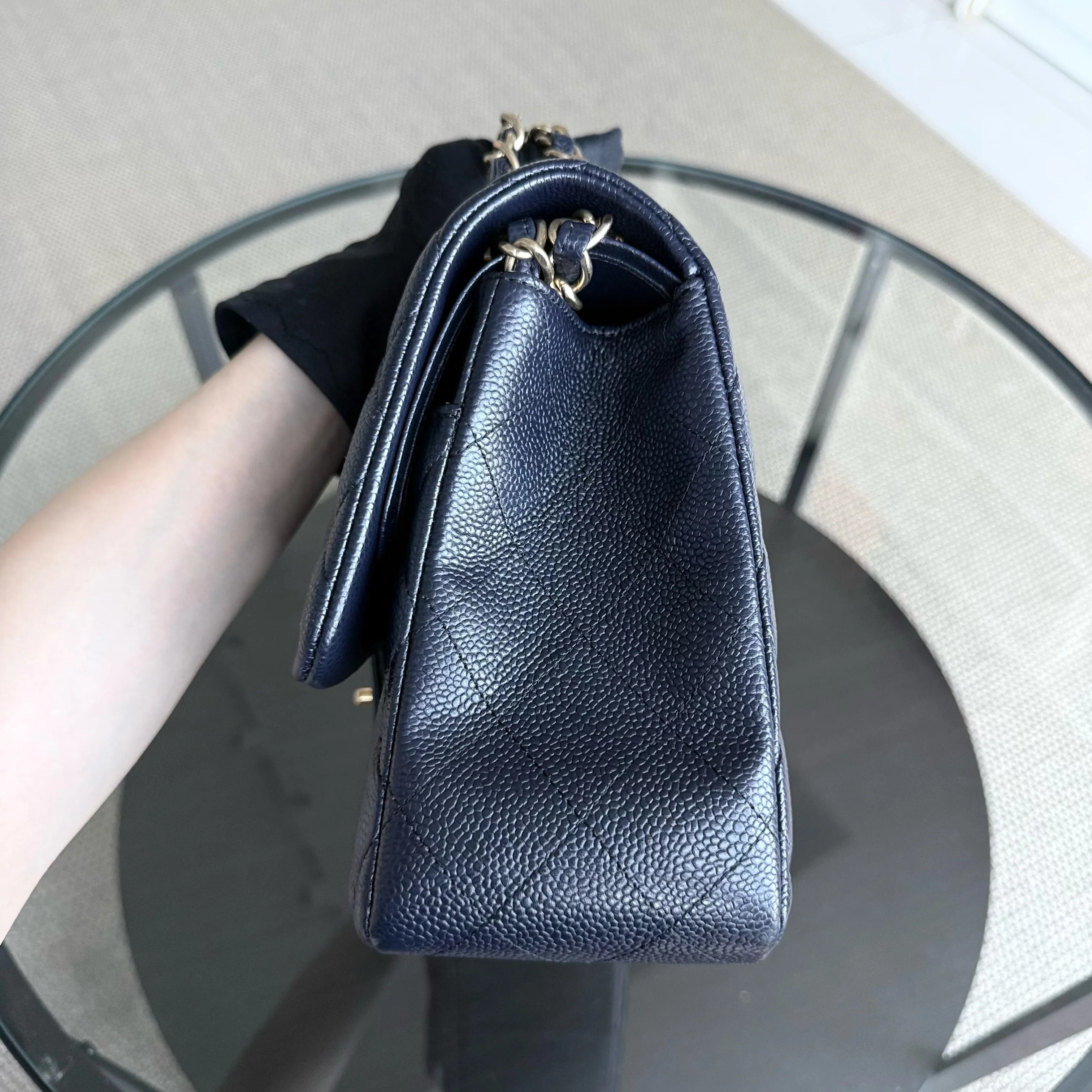 Chanel Classic Flap Jumbo - Caviar Quilted Grained Calfskin Dark Navy Blue Gold Hardware Series 21