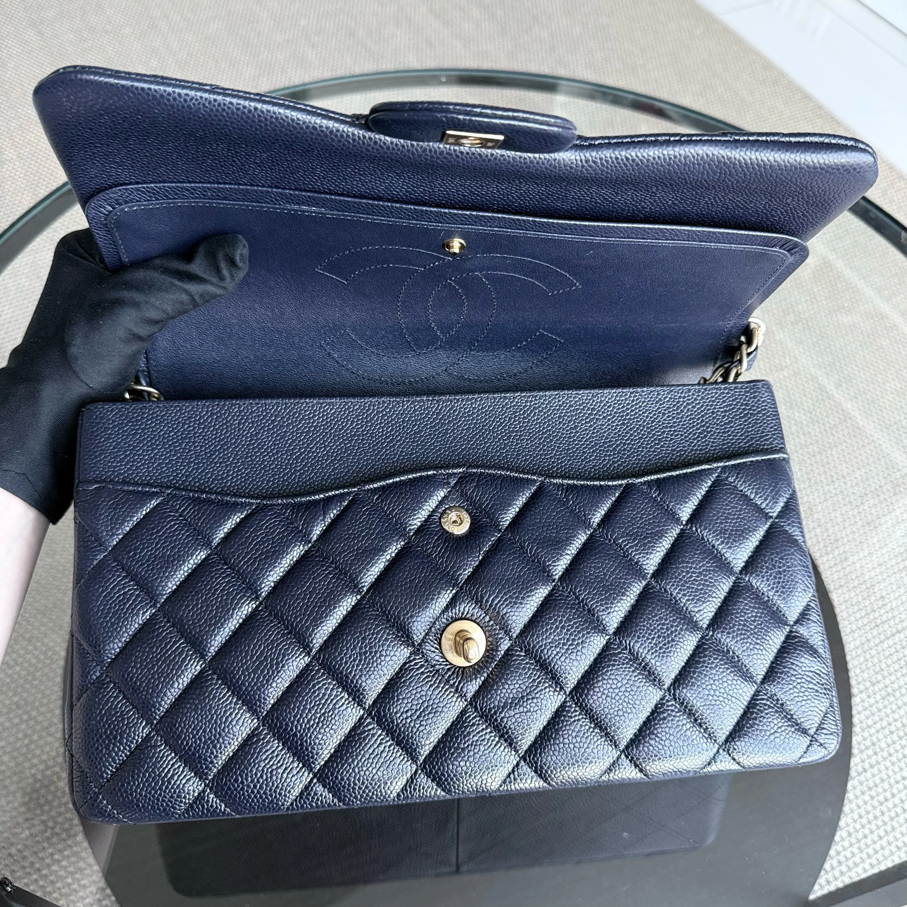 Chanel Classic Flap Jumbo - Caviar Quilted Grained Calfskin Dark Navy Blue Gold Hardware Series 21